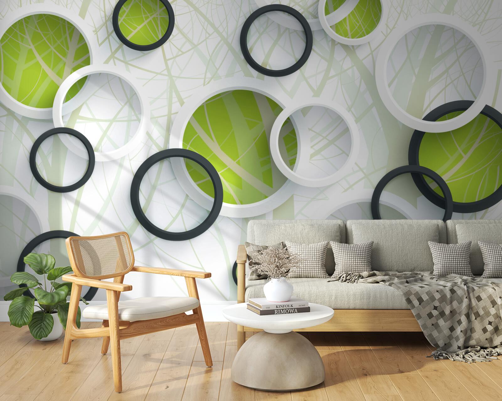 Fotobehang dichtbegroeid bos en 3d cirkels