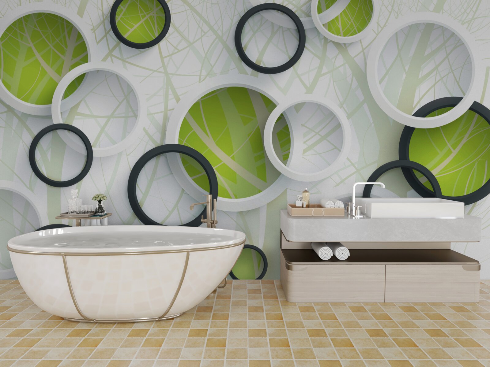 Fotobehang dichtbegroeid bos en 3d cirkels