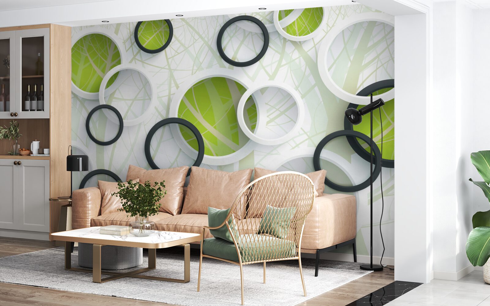 Fotobehang dichtbegroeid bos en 3d cirkels