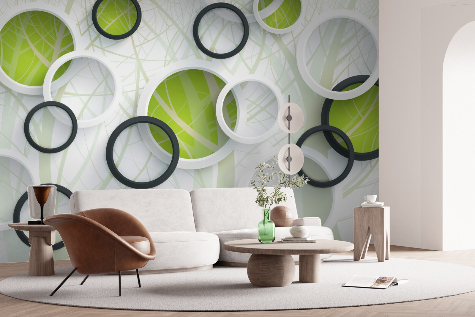 Fotobehang dichtbegroeid bos en 3d cirkels