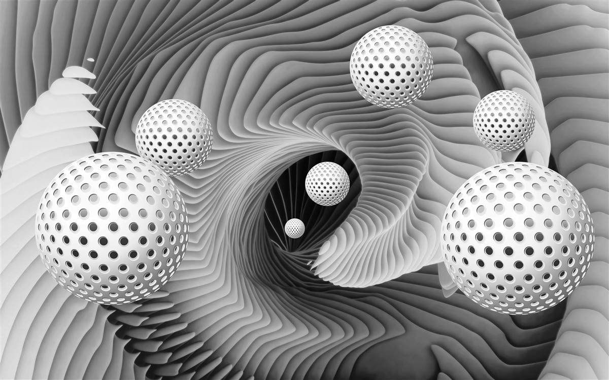 Fotobehang perspectief van ballen en tunnel vortex in zwart en wit