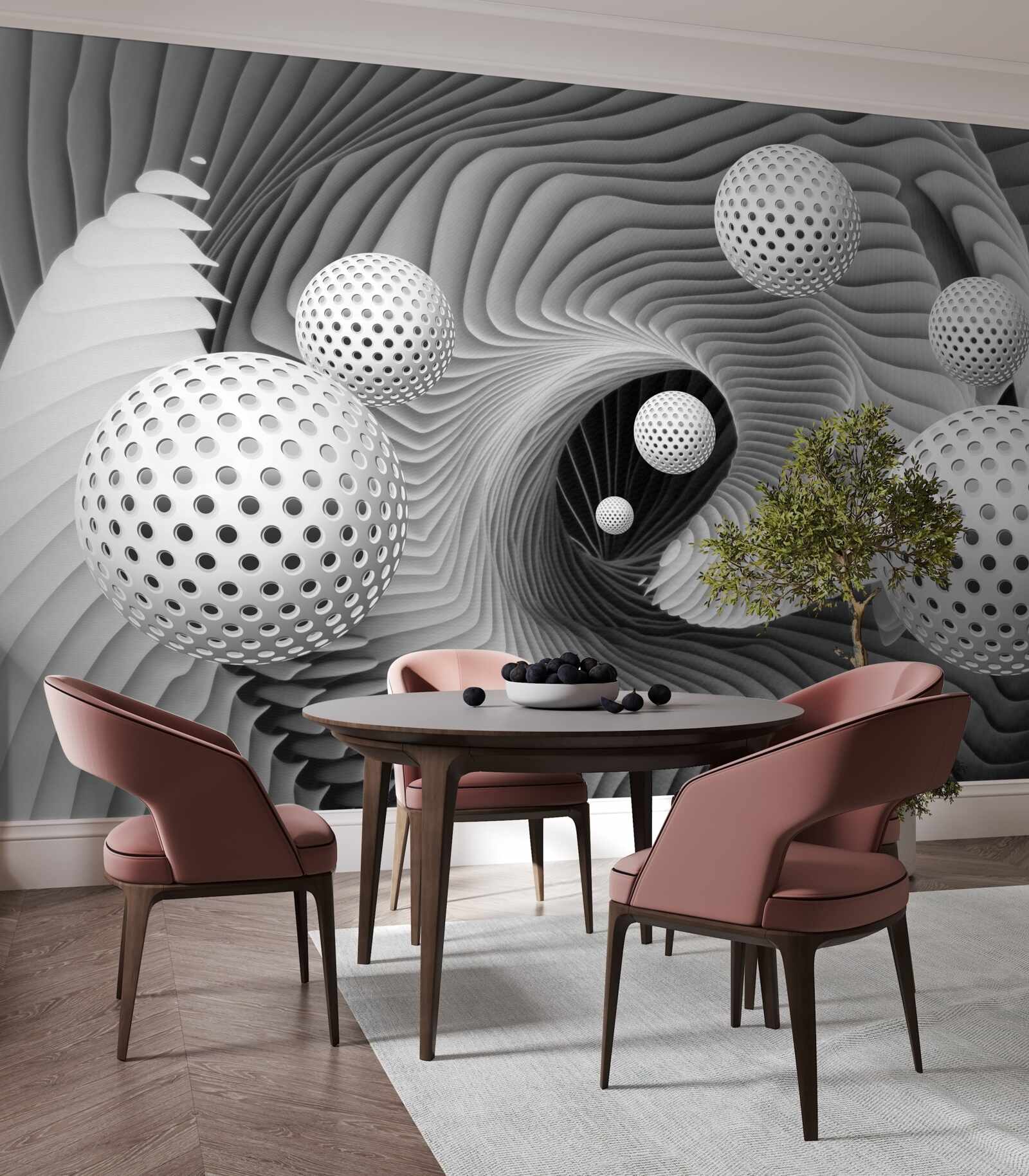 Fotobehang perspectief van ballen en tunnel vortex in zwart en wit