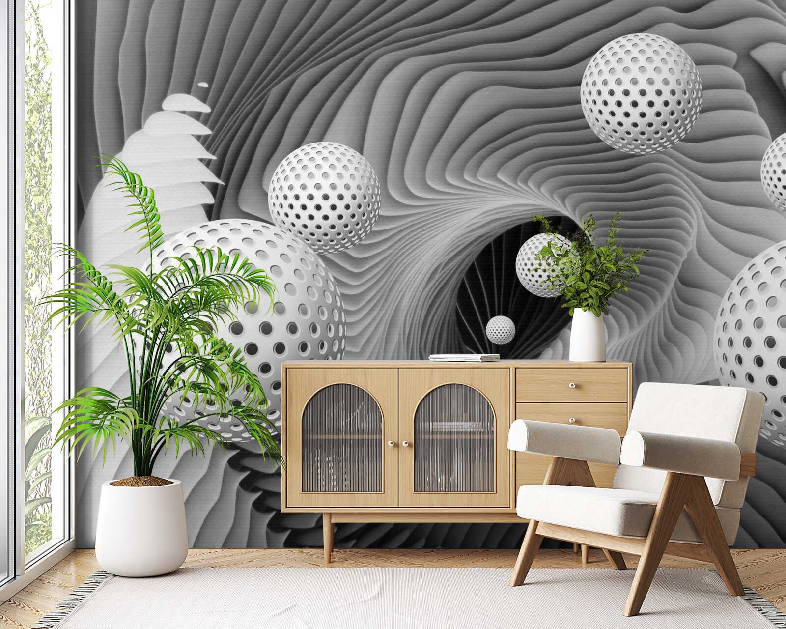 Fotobehang perspectief van ballen en tunnel vortex in zwart en wit