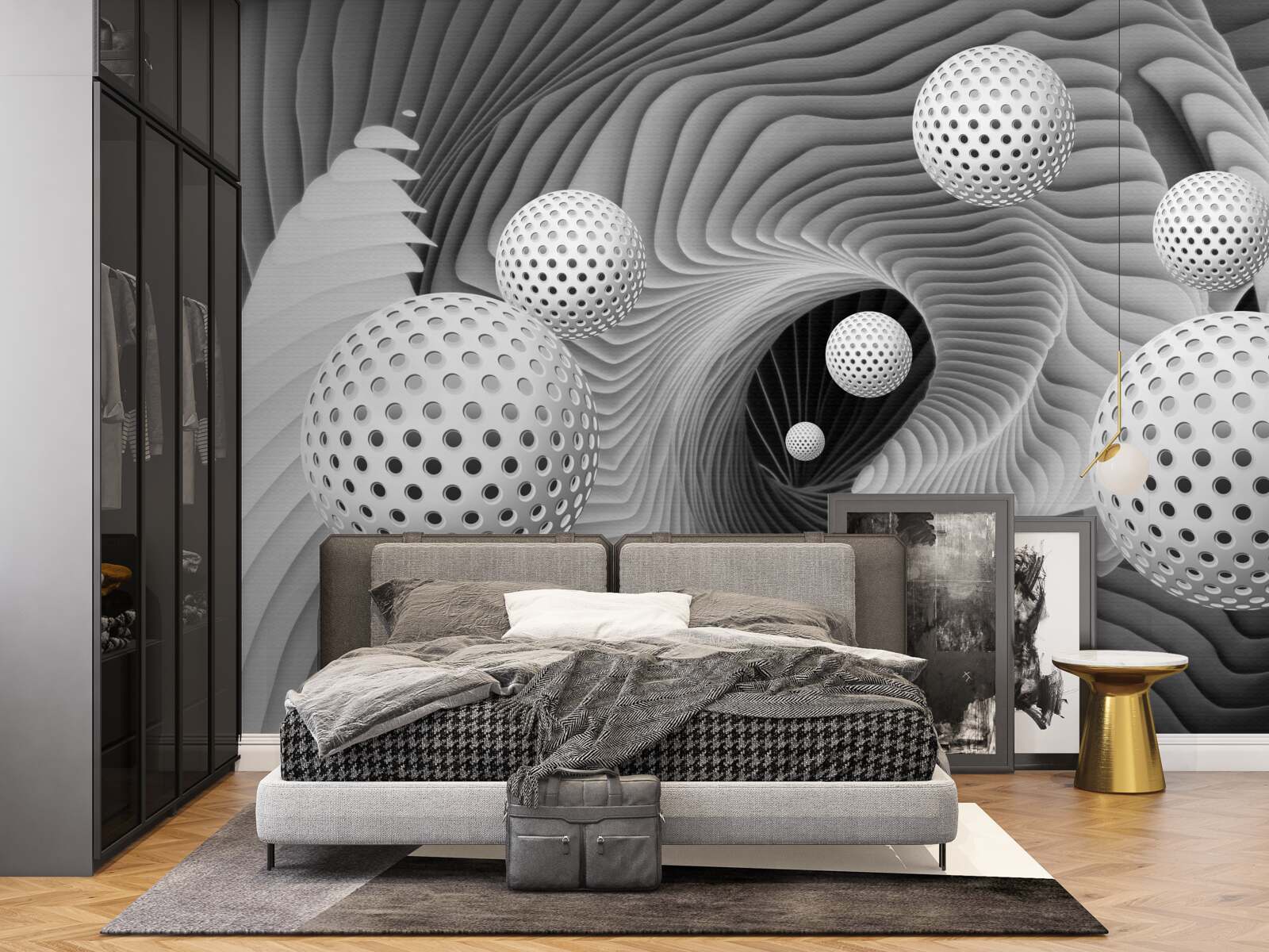 Fotobehang perspectief van ballen en tunnel vortex in zwart en wit