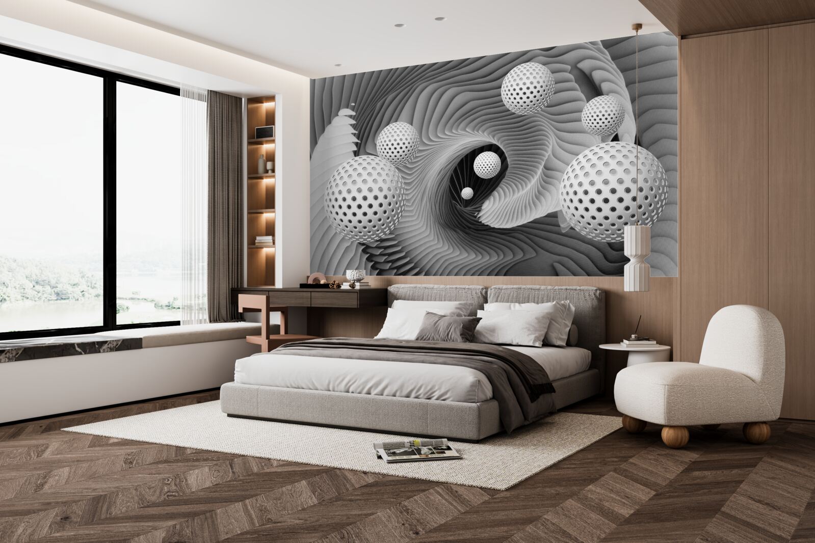 Fotobehang perspectief van ballen en tunnel vortex in zwart en wit