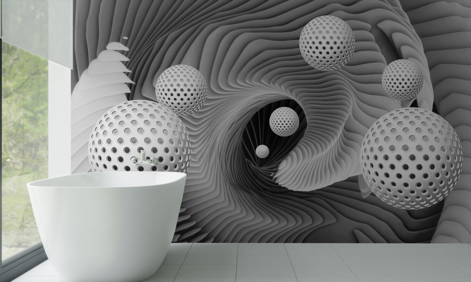 Fotobehang perspectief van ballen en tunnel vortex in zwart en wit