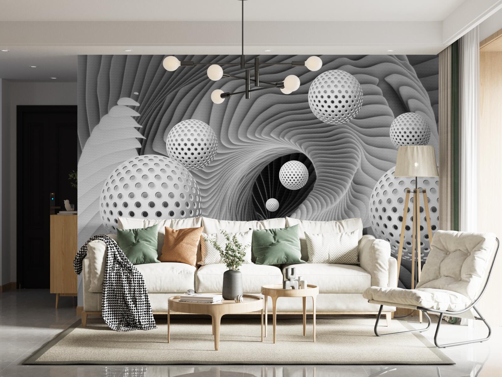 Fotobehang perspectief van ballen en tunnel vortex in zwart en wit