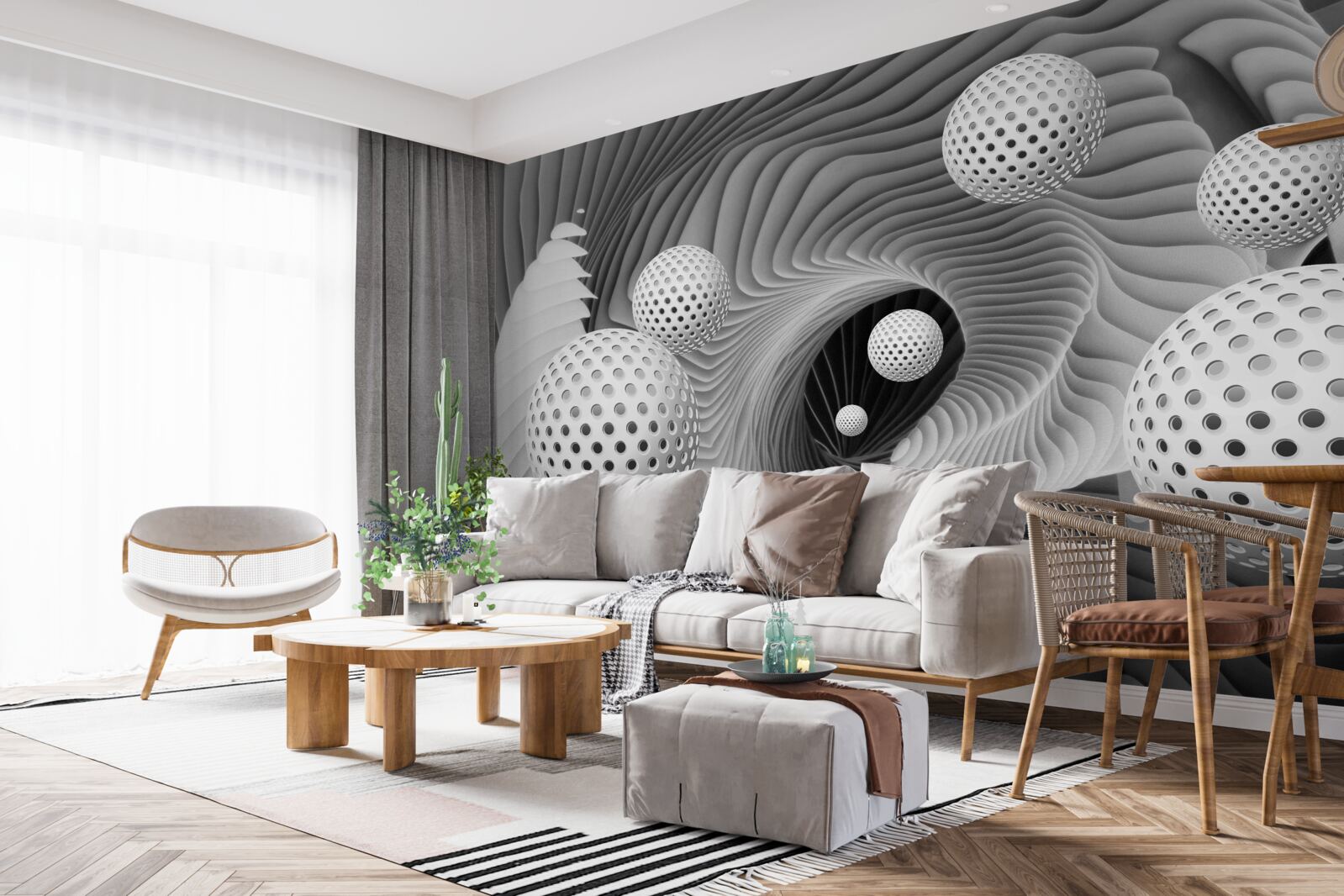 Fotobehang perspectief van ballen en tunnel vortex in zwart en wit