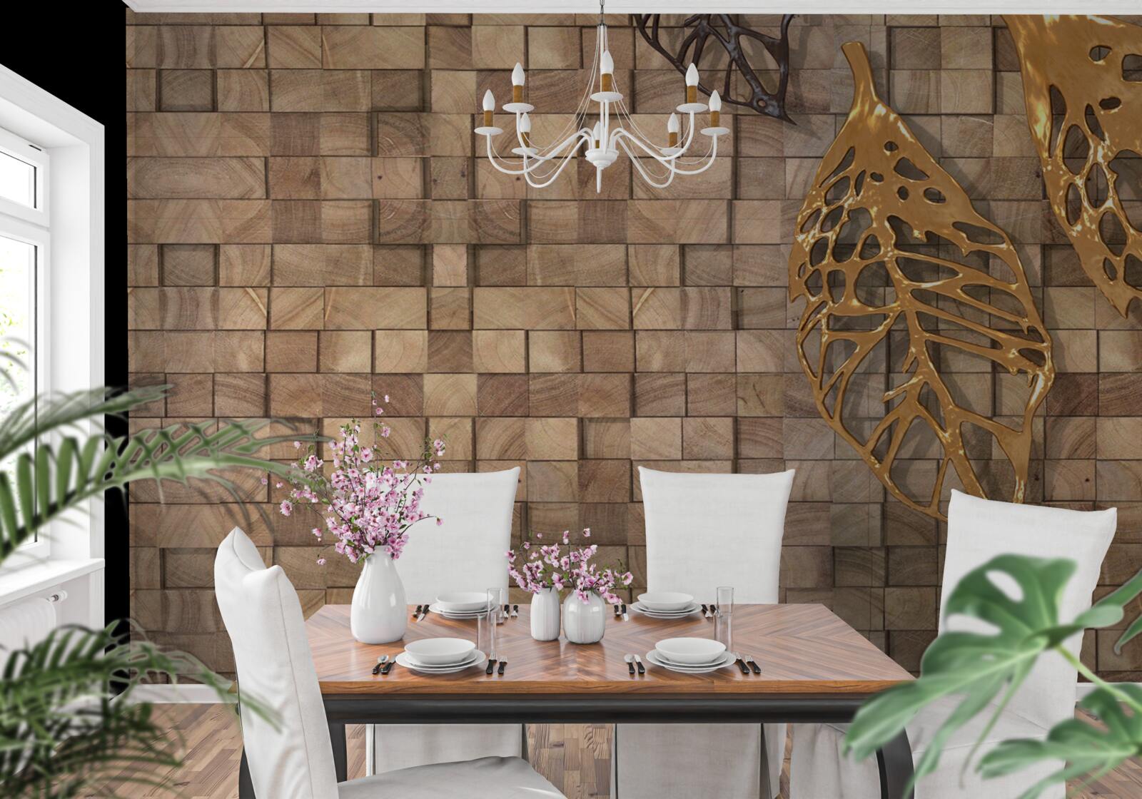 Fotobehang mozaïek in bruintinten met een afbeelding van bladeren