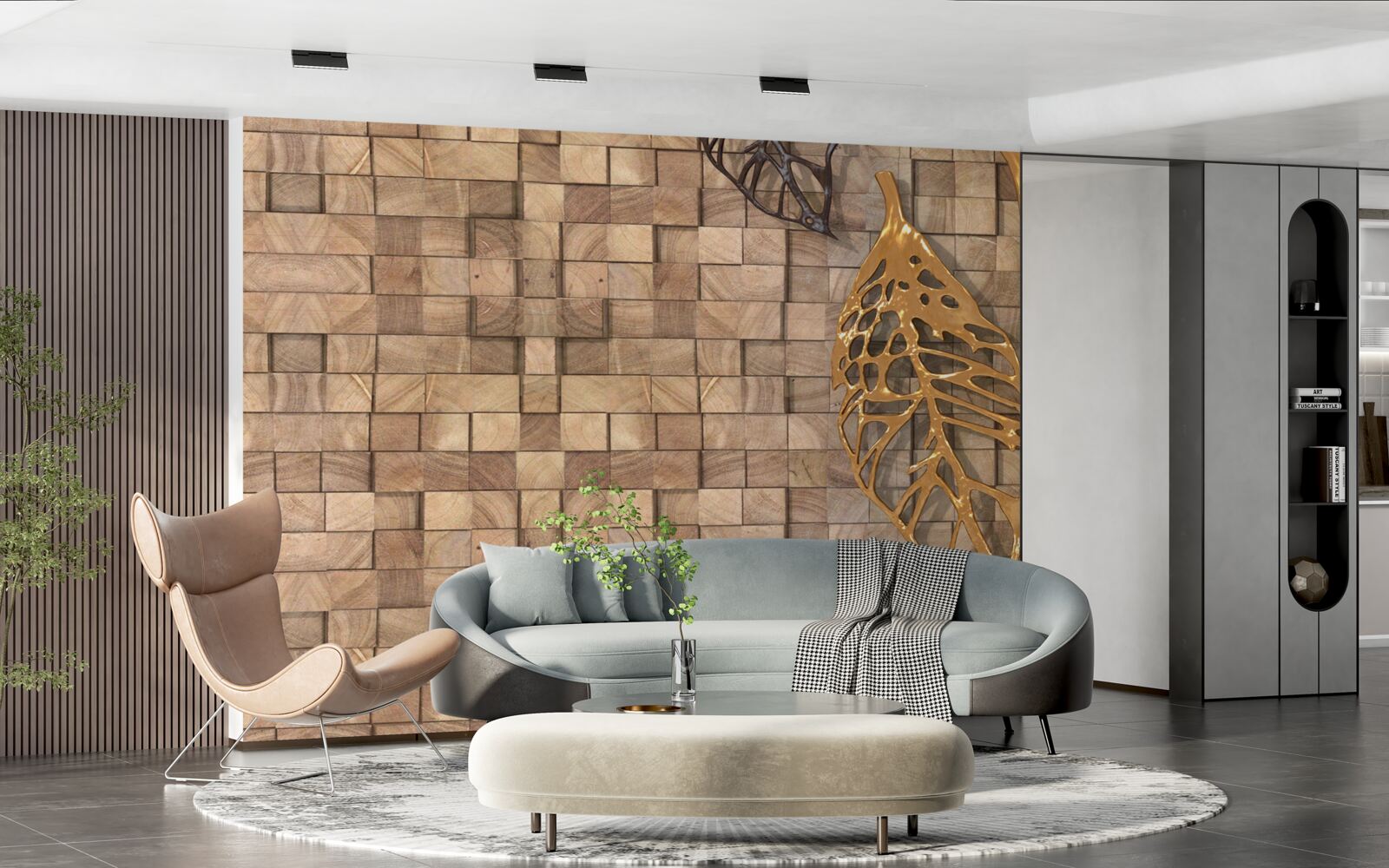 Fotobehang mozaïek in bruintinten met een afbeelding van bladeren