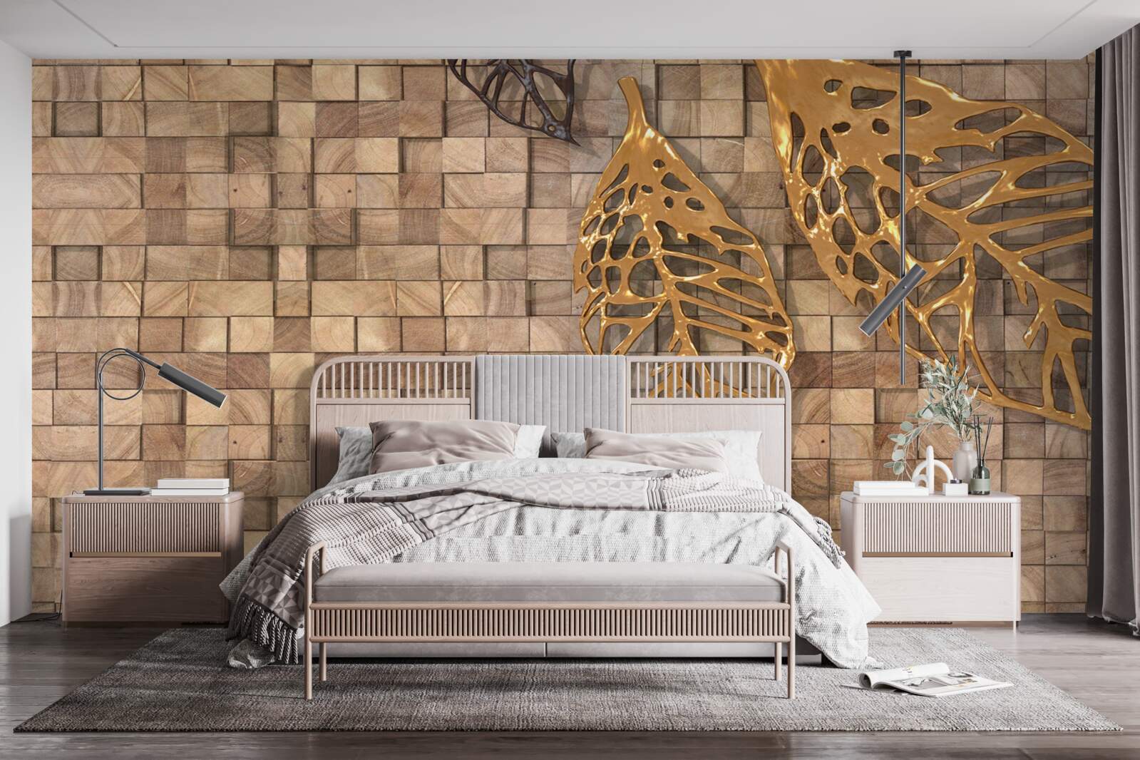 Fotobehang mozaïek in bruintinten met een afbeelding van bladeren