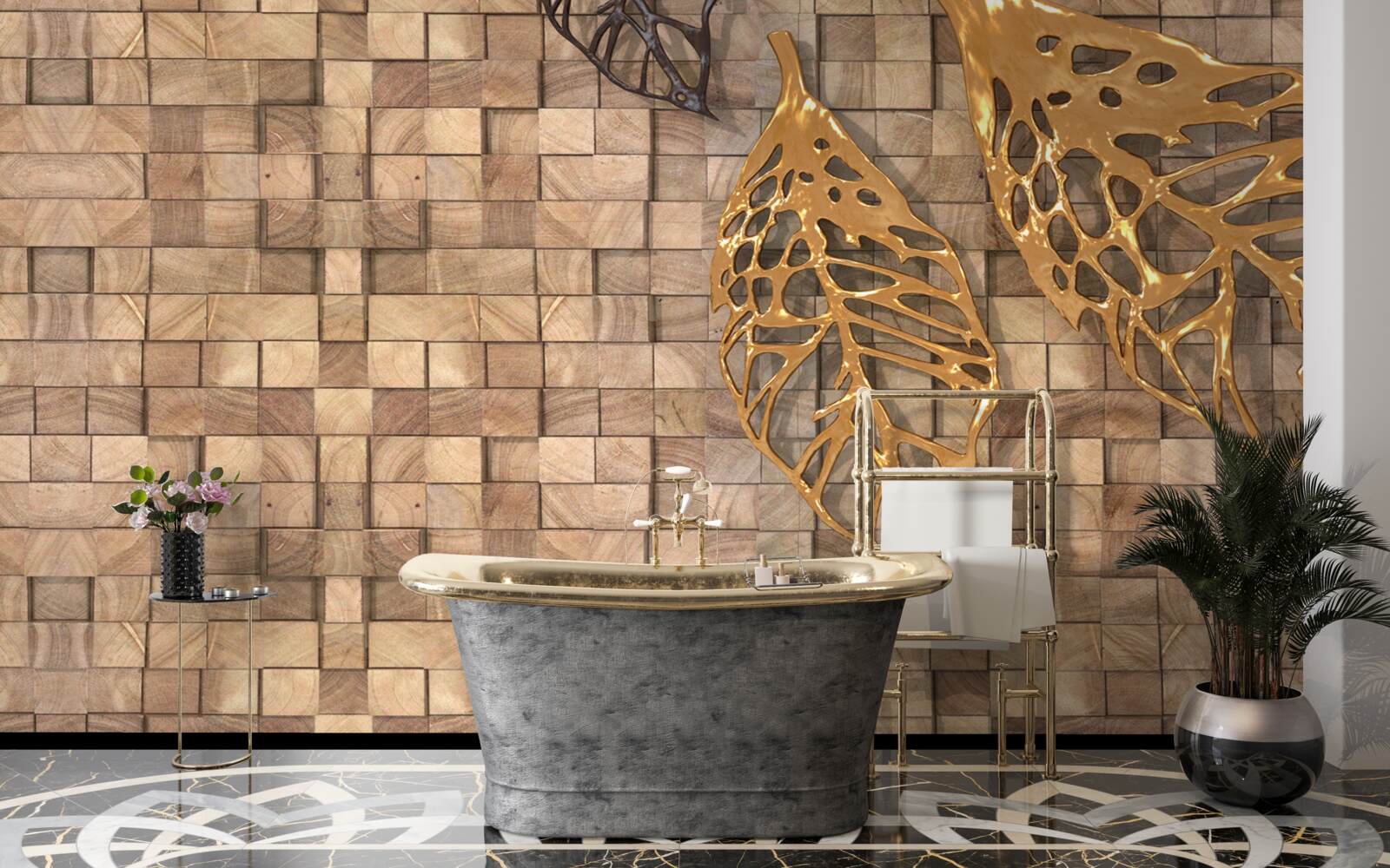 Fotobehang mozaïek in bruintinten met een afbeelding van bladeren