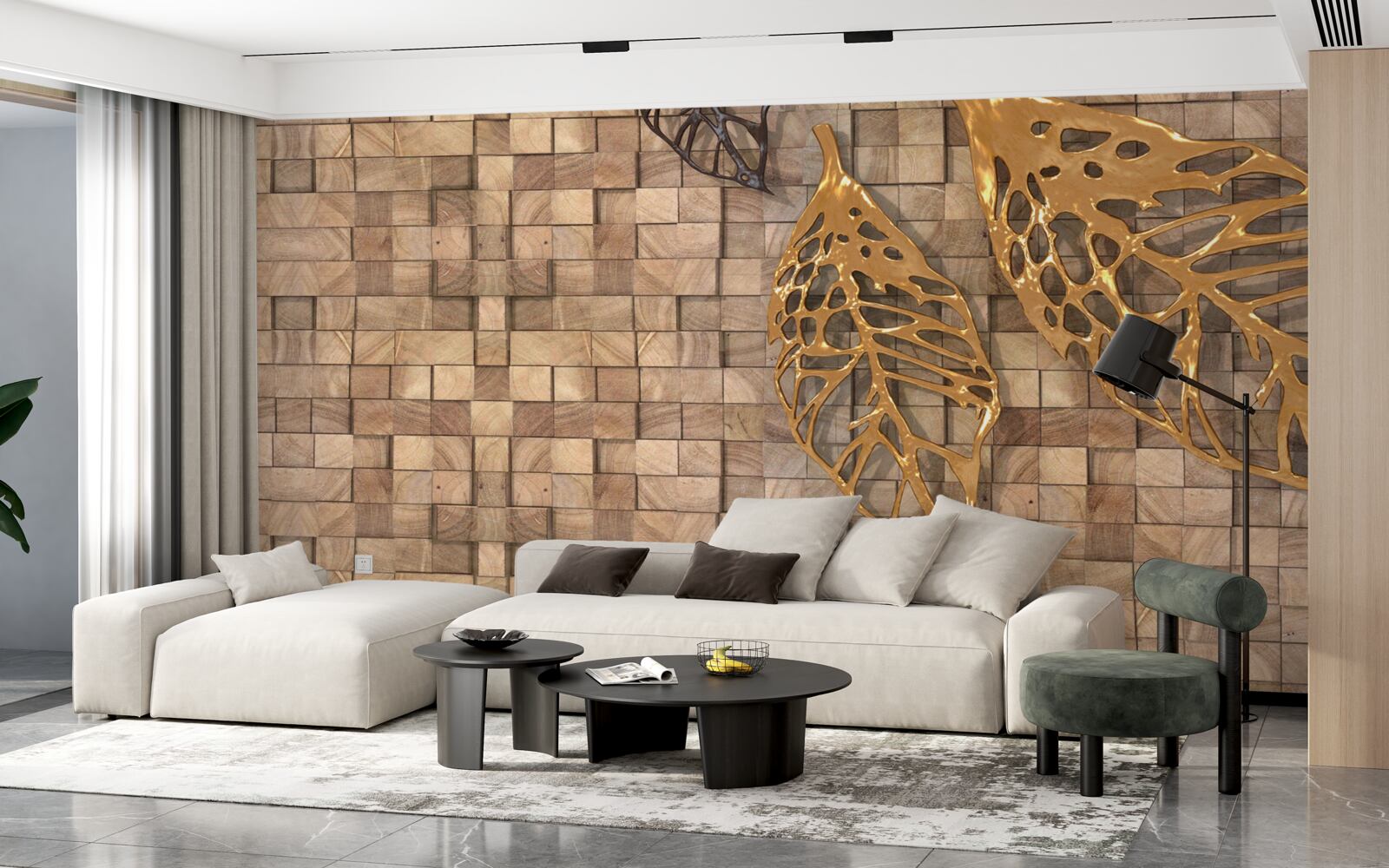 Fotobehang mozaïek in bruintinten met een afbeelding van bladeren