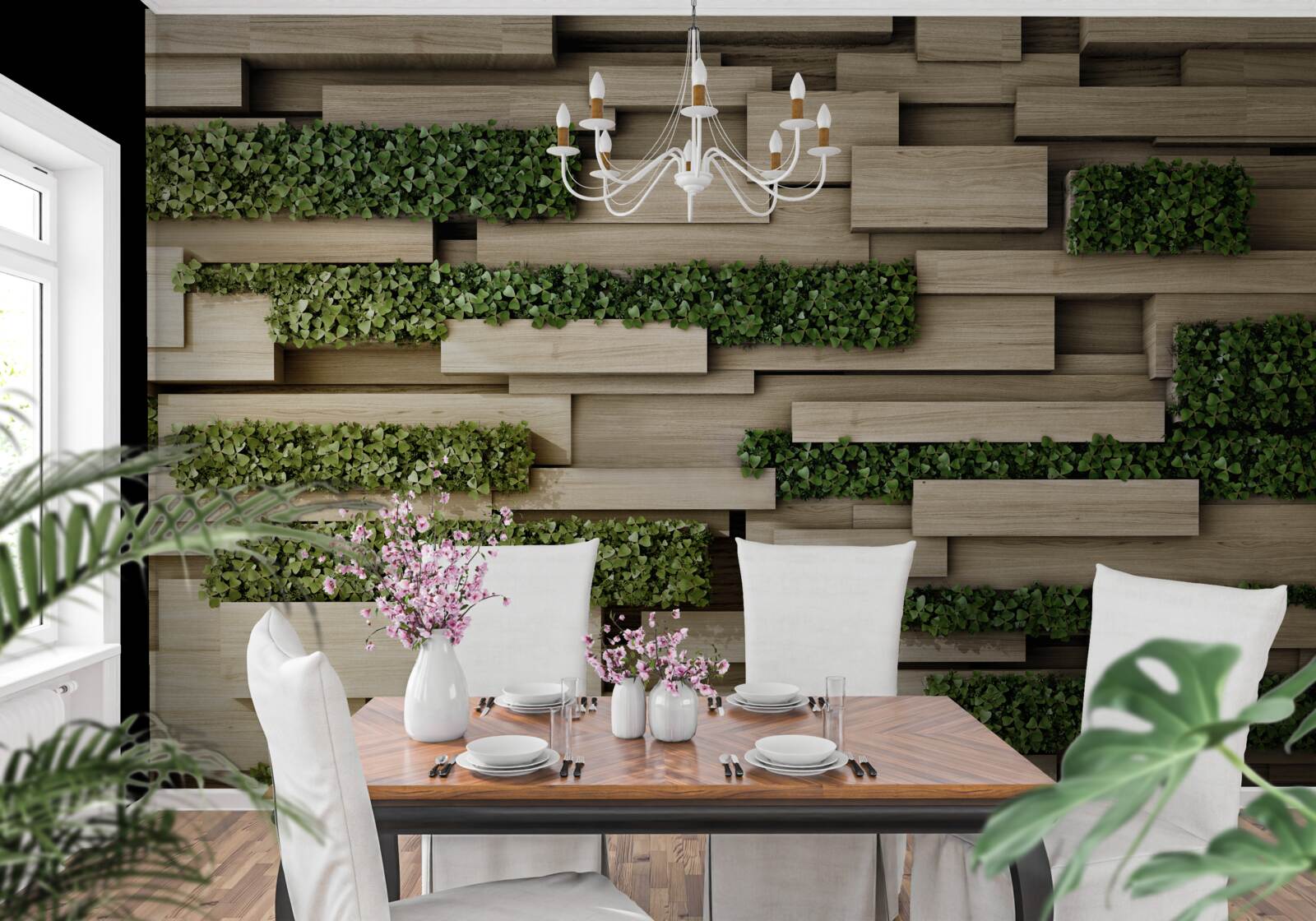 Fotobehang groene planten op een stenen muur