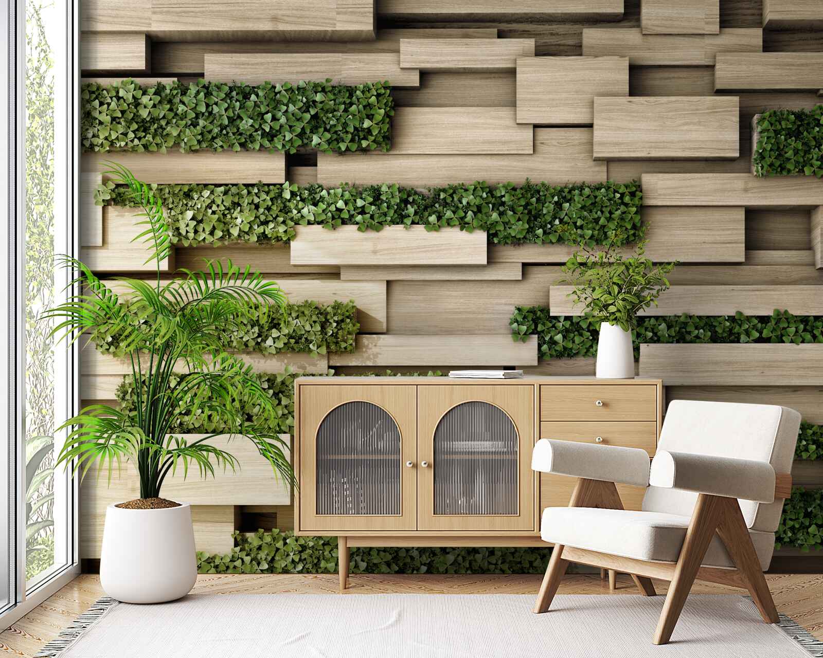 Fotobehang groene planten op een stenen muur