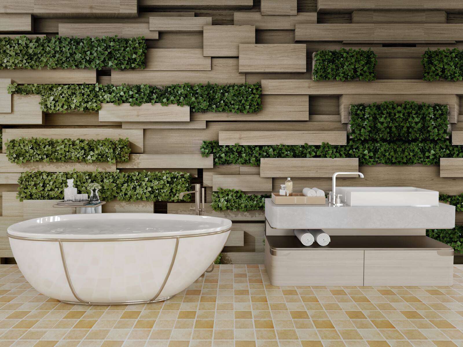 Fotobehang groene planten op een stenen muur