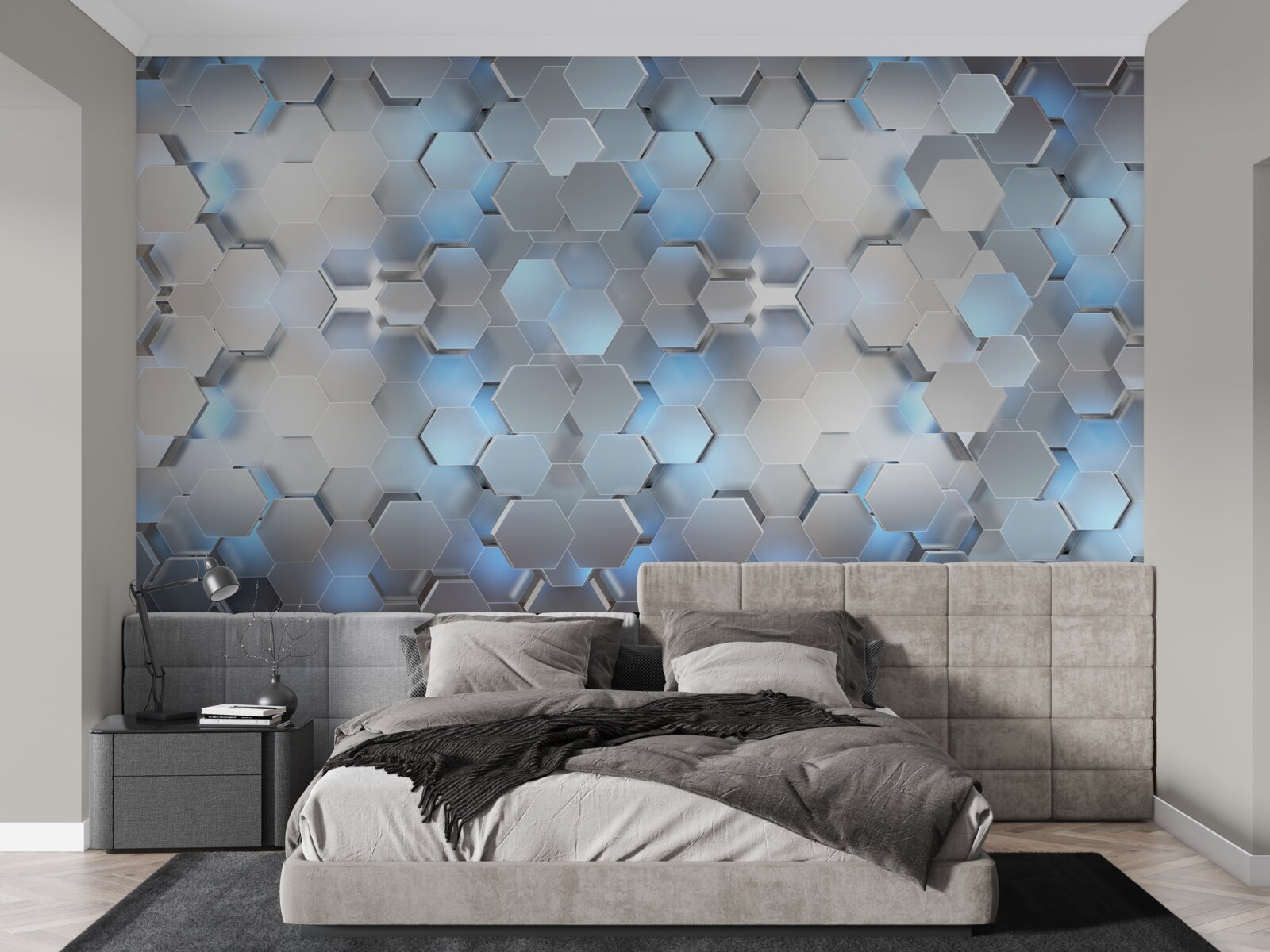 Fotobehang drijvende blauwe parels op een grijze achtergrond