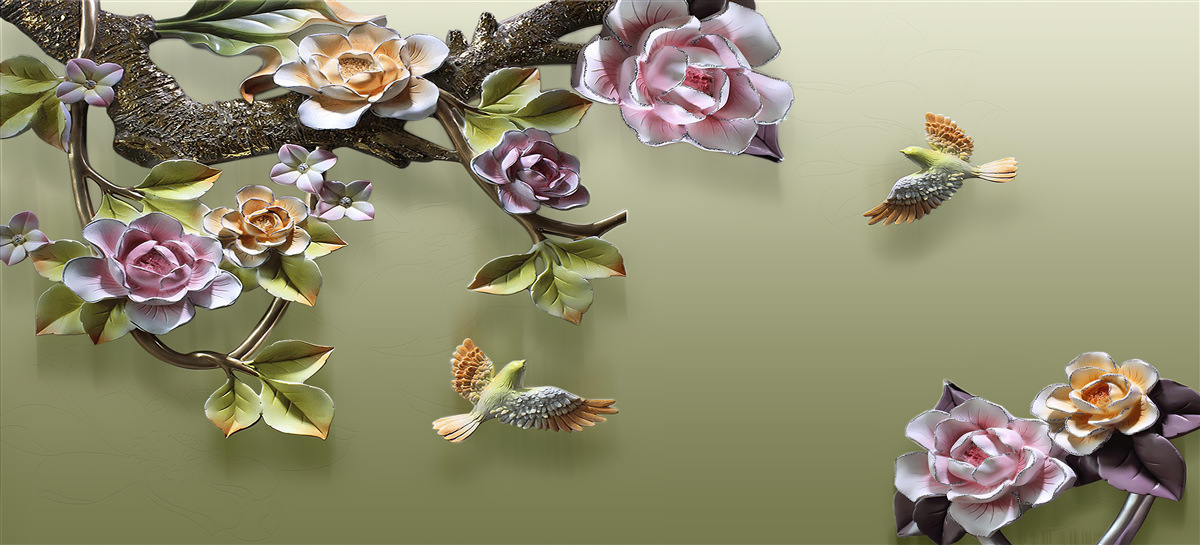 Fotobehang tere rozen en zwaluwen op de takken