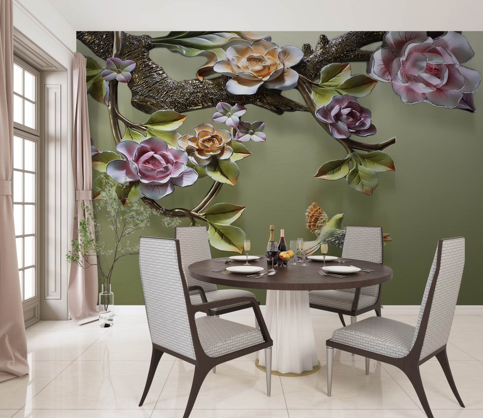 Fotobehang tere rozen en zwaluwen op de takken