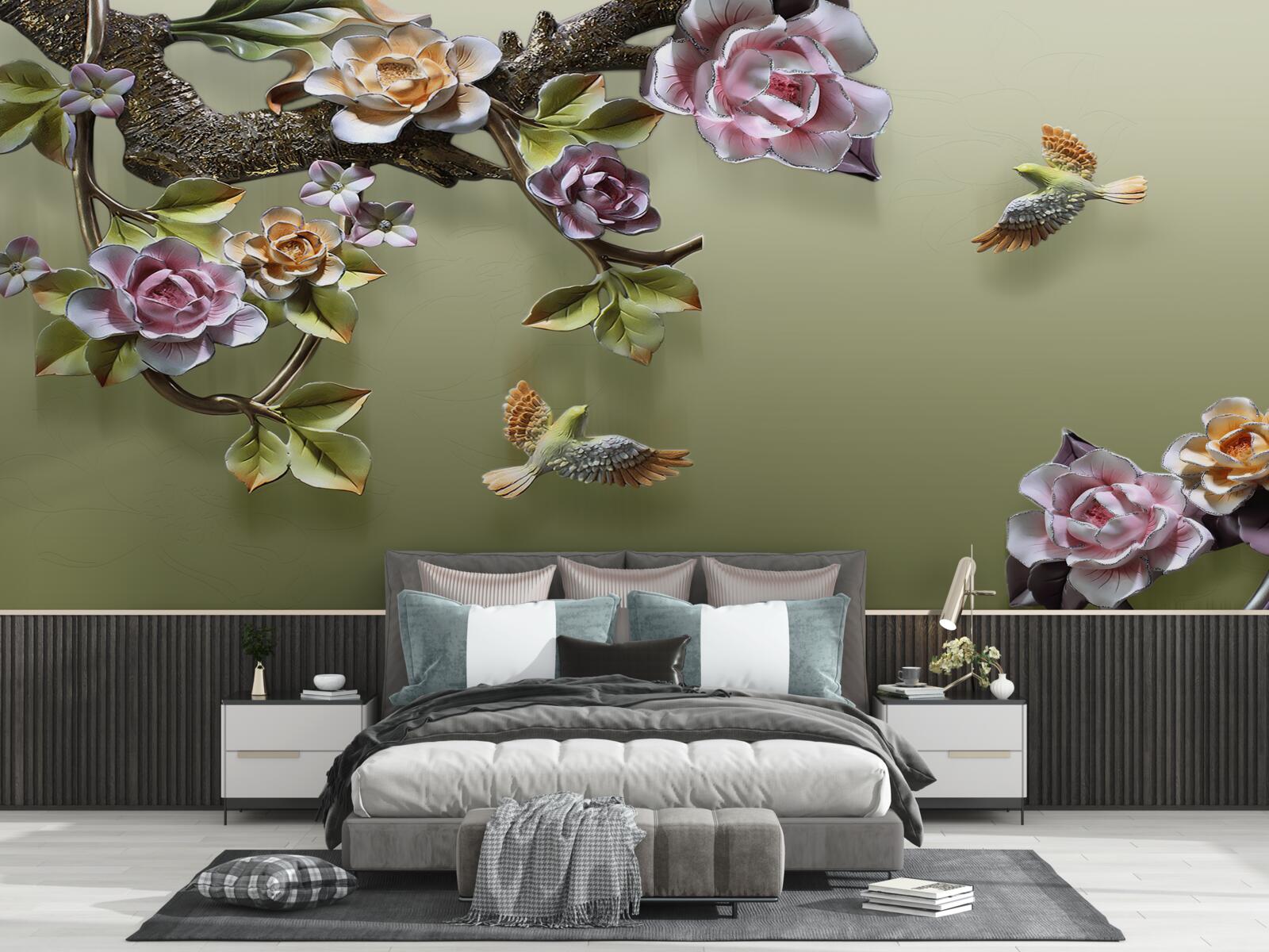 Fotobehang tere rozen en zwaluwen op de takken