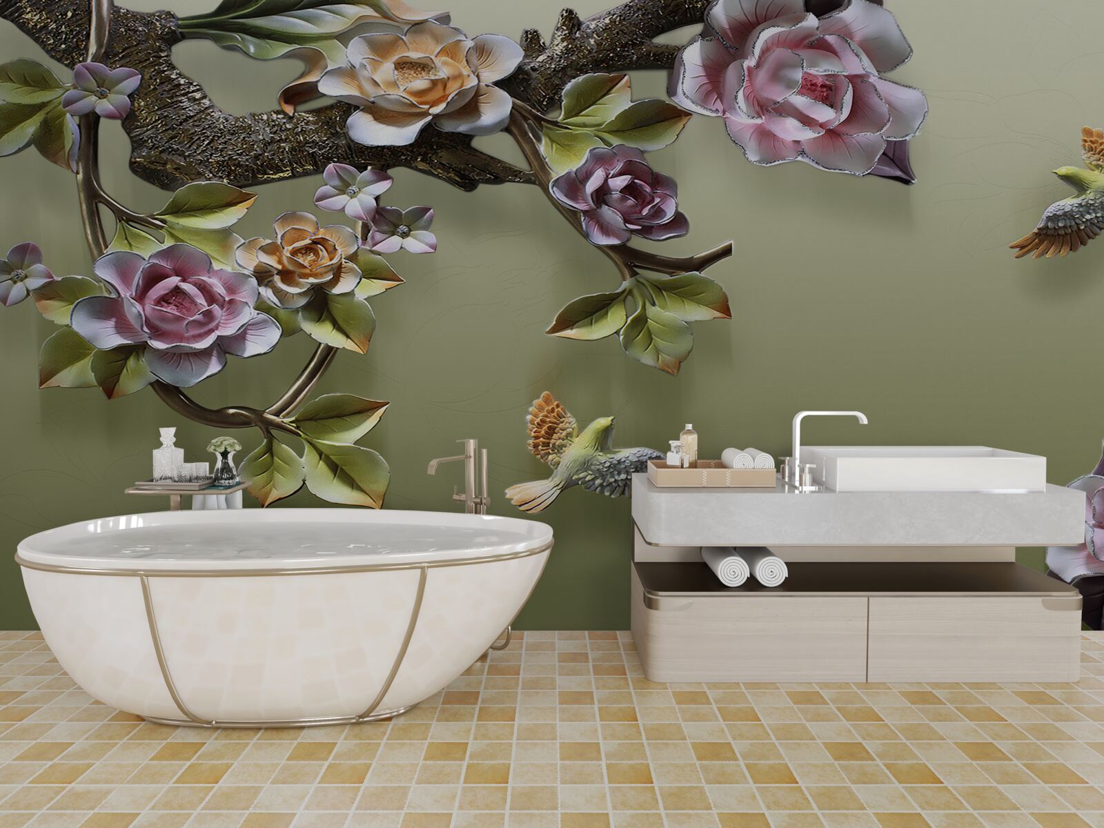 Fotobehang tere rozen en zwaluwen op de takken