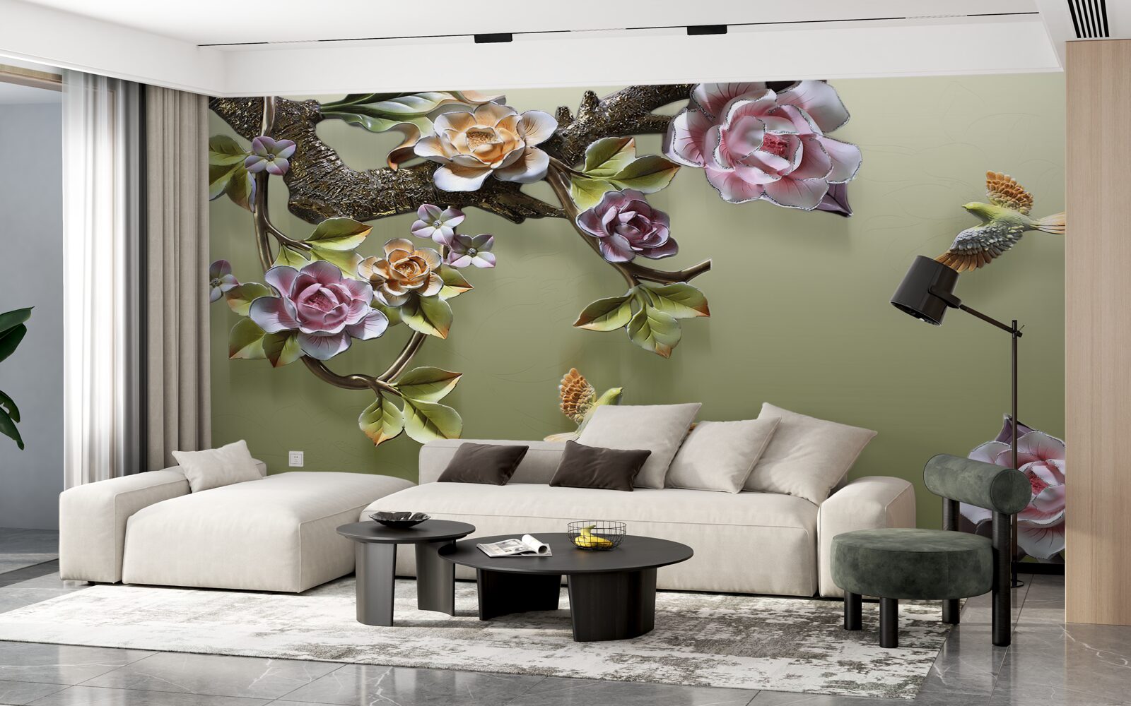 Fotobehang tere rozen en zwaluwen op de takken