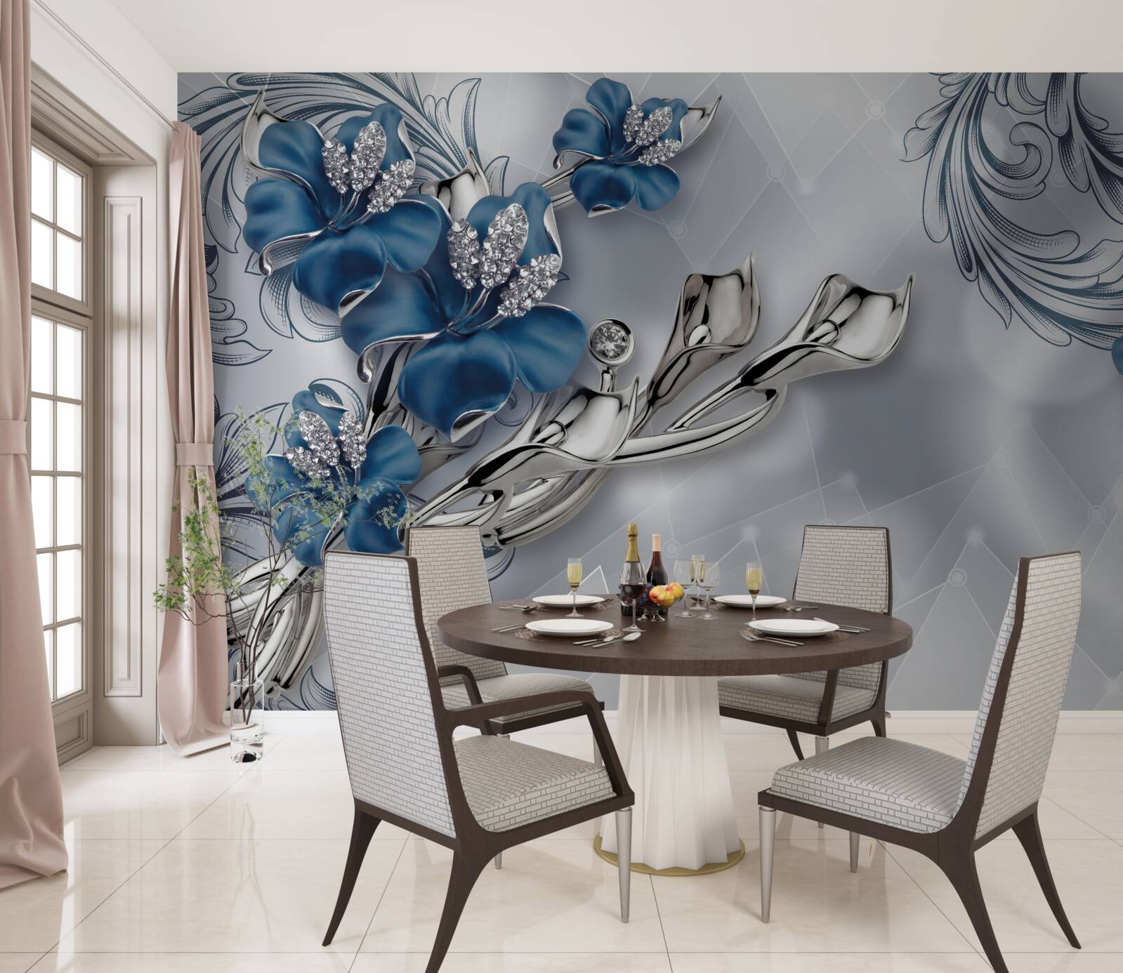 Fotobehang koningsblauwe lelie op zilveren achtergrond