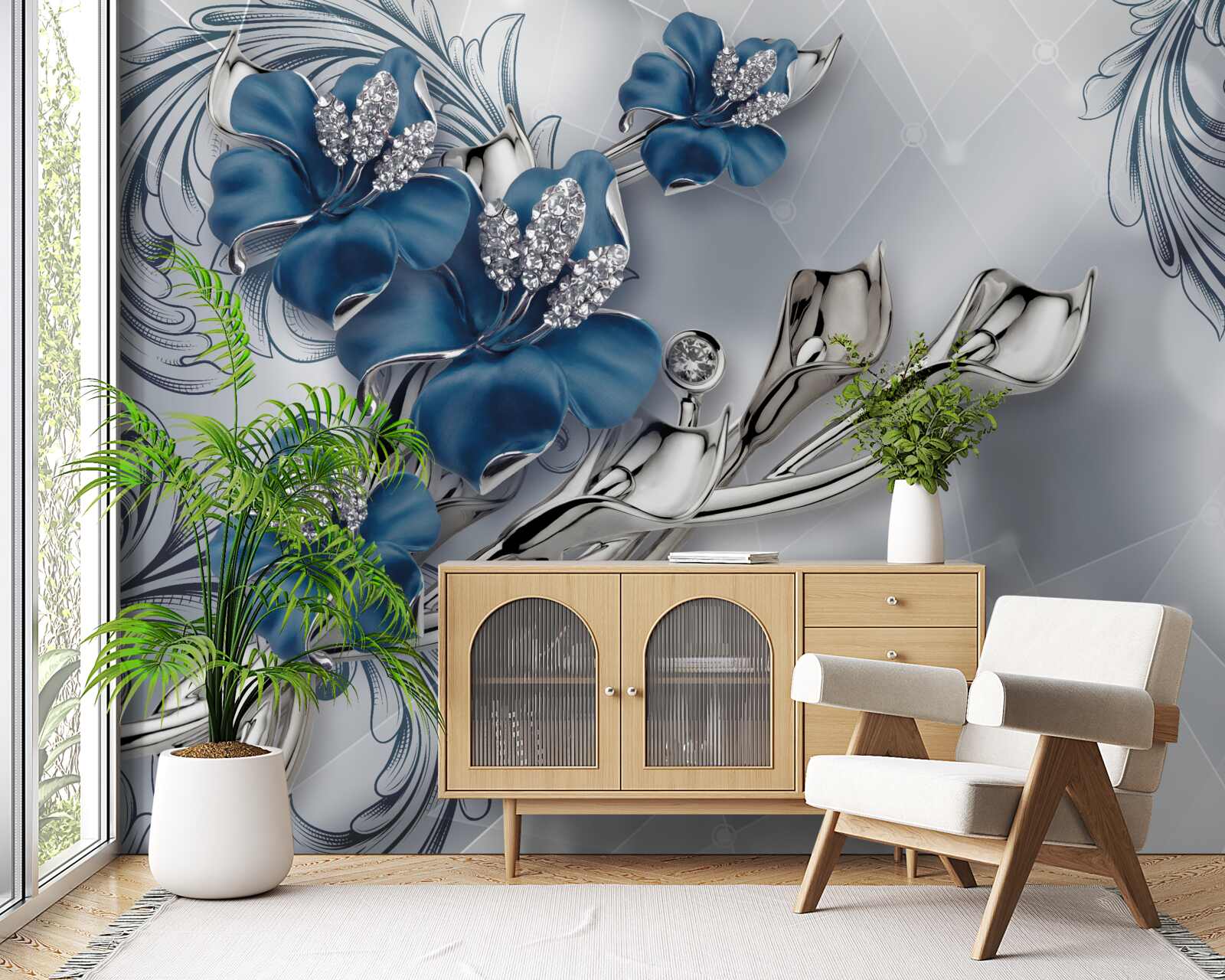 Fotobehang koningsblauwe lelie op zilveren achtergrond