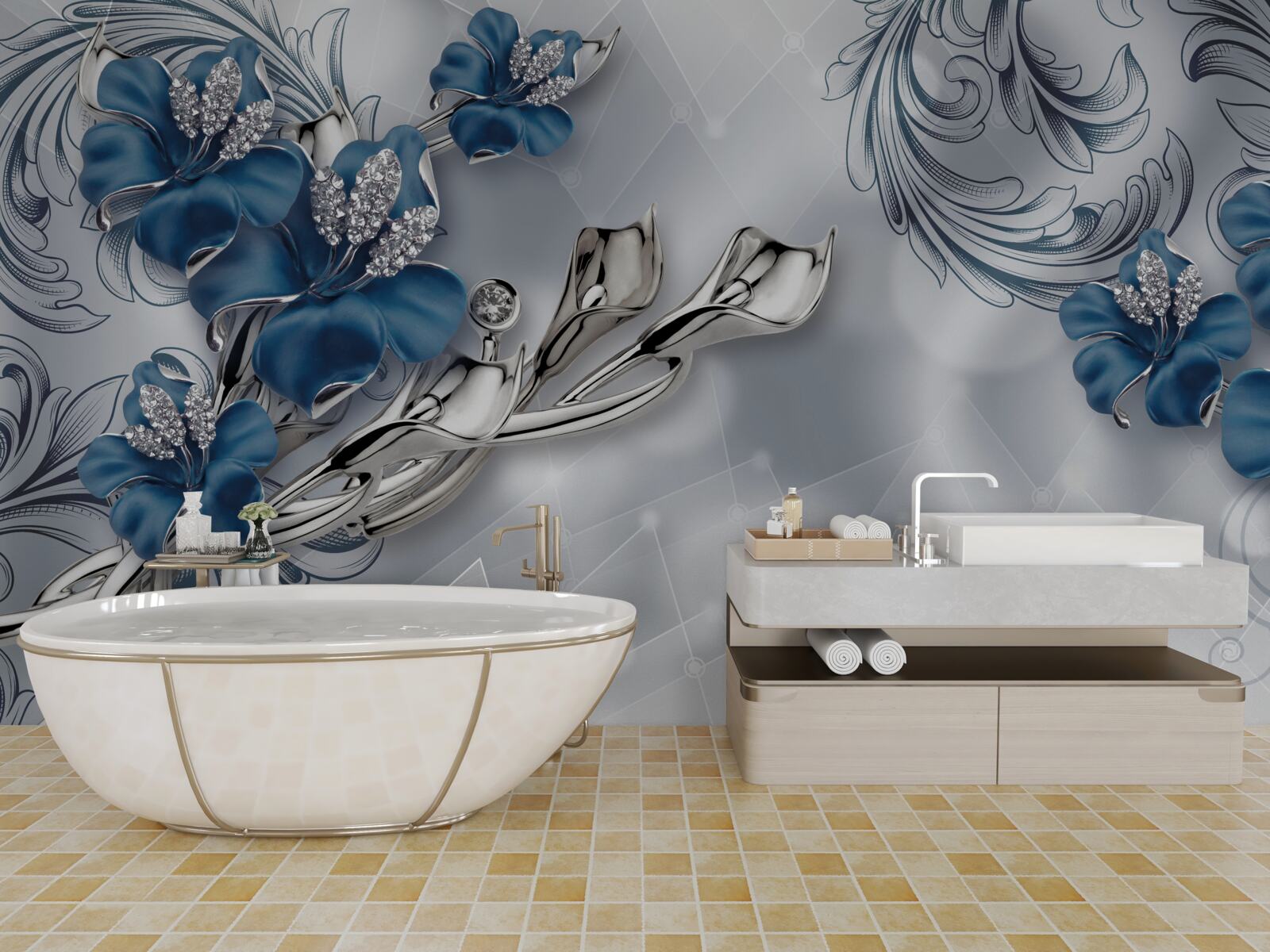 Fotobehang koningsblauwe lelie op zilveren achtergrond