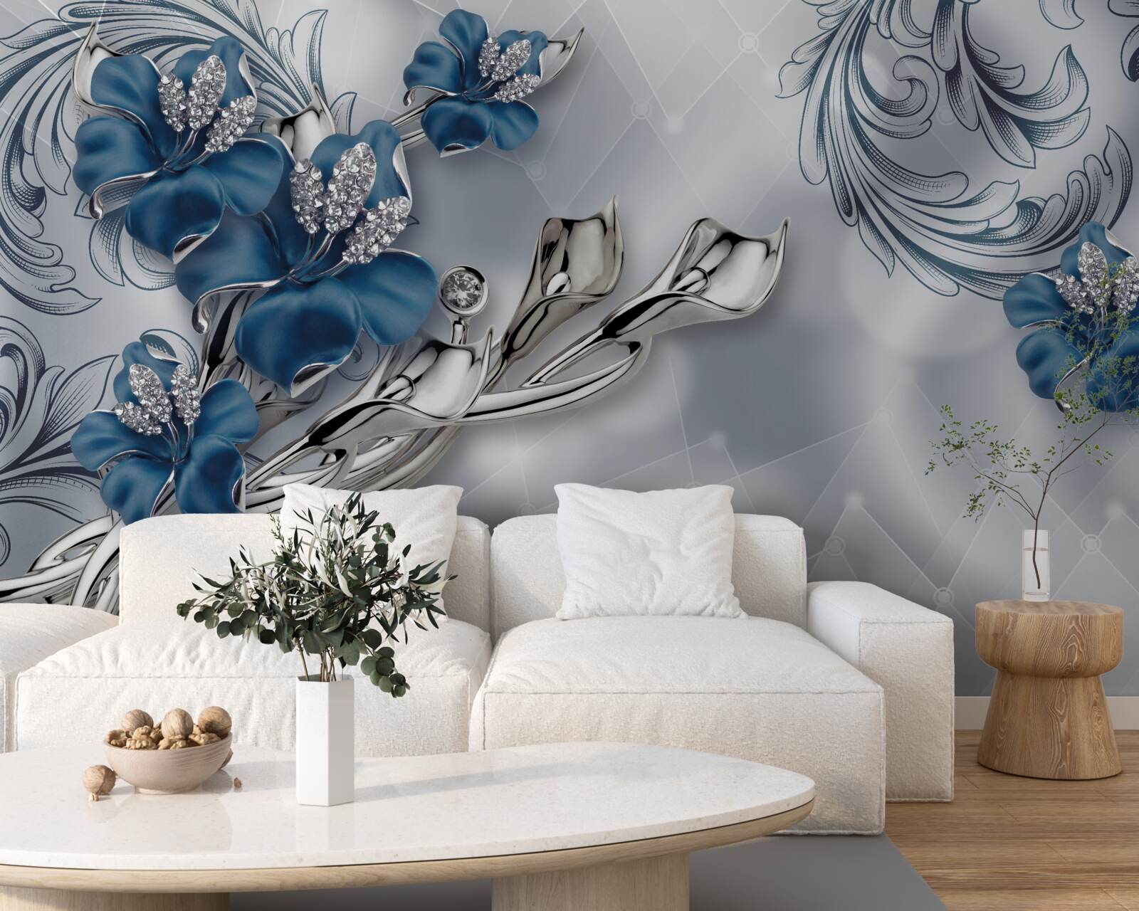 Fotobehang koningsblauwe lelie op zilveren achtergrond