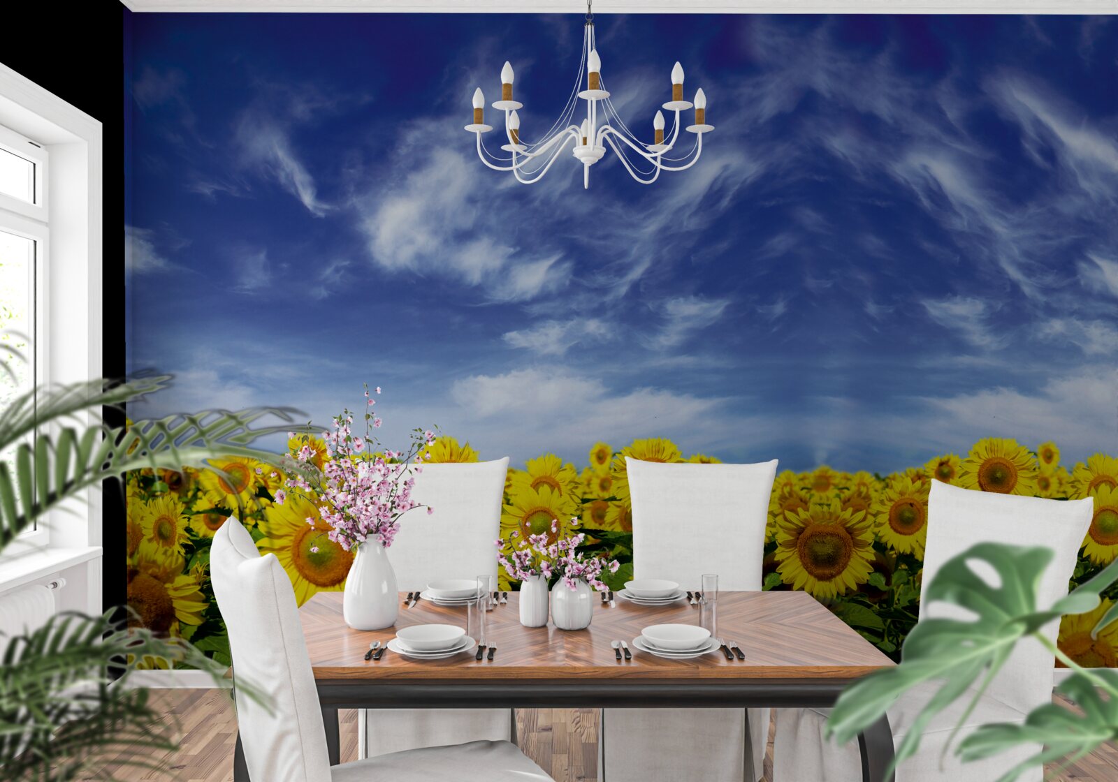 Fotobehang blauwe lucht boven een veld zonnebloemen