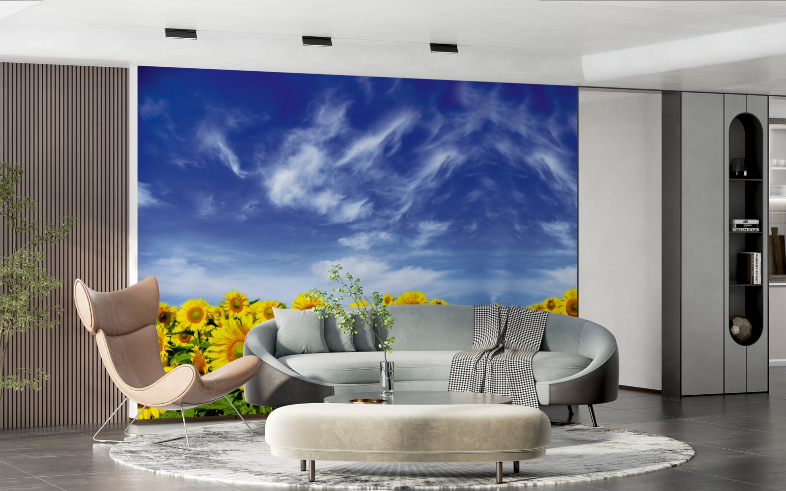 Fotobehang blauwe lucht boven een veld zonnebloemen