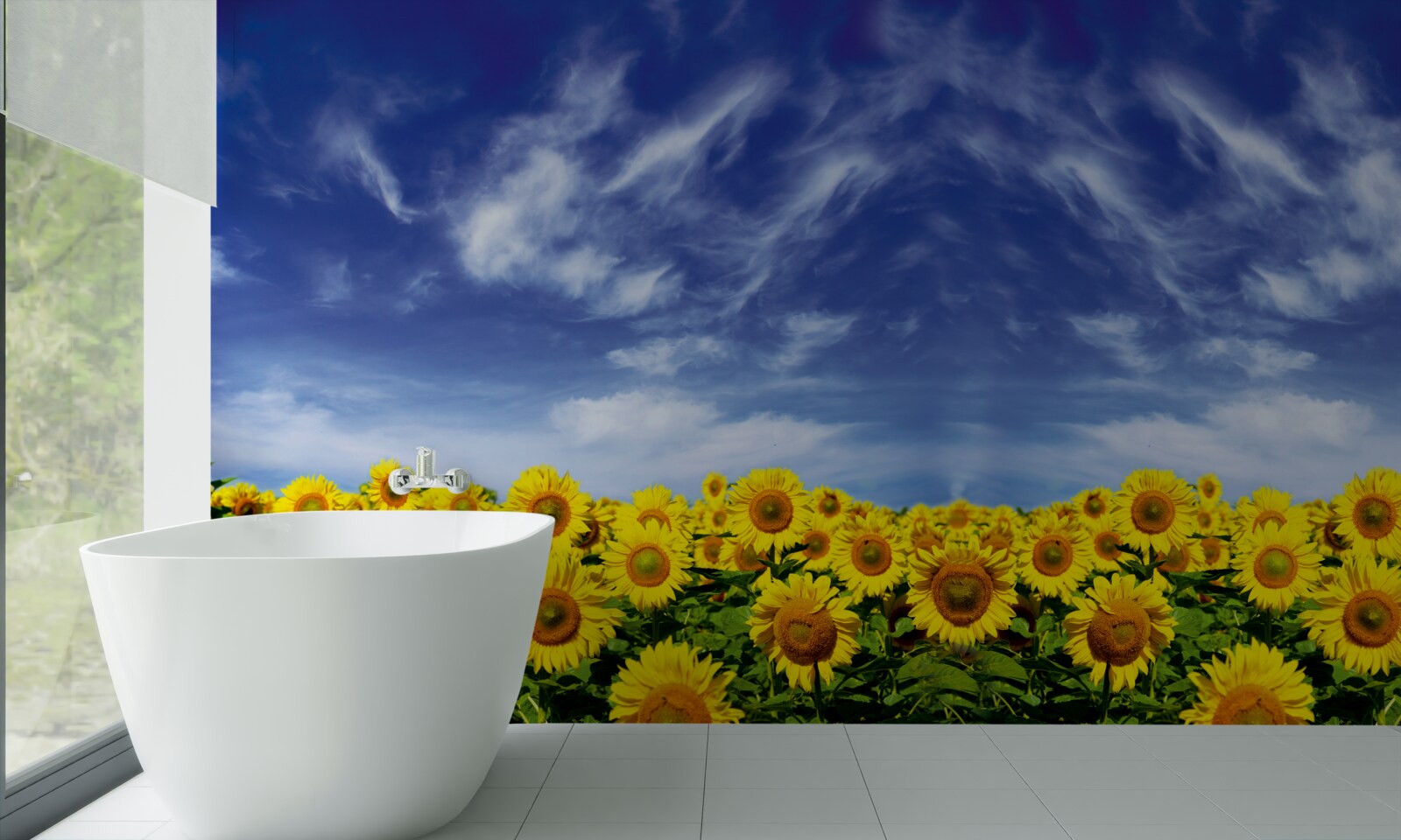 Fotobehang blauwe lucht boven een veld zonnebloemen