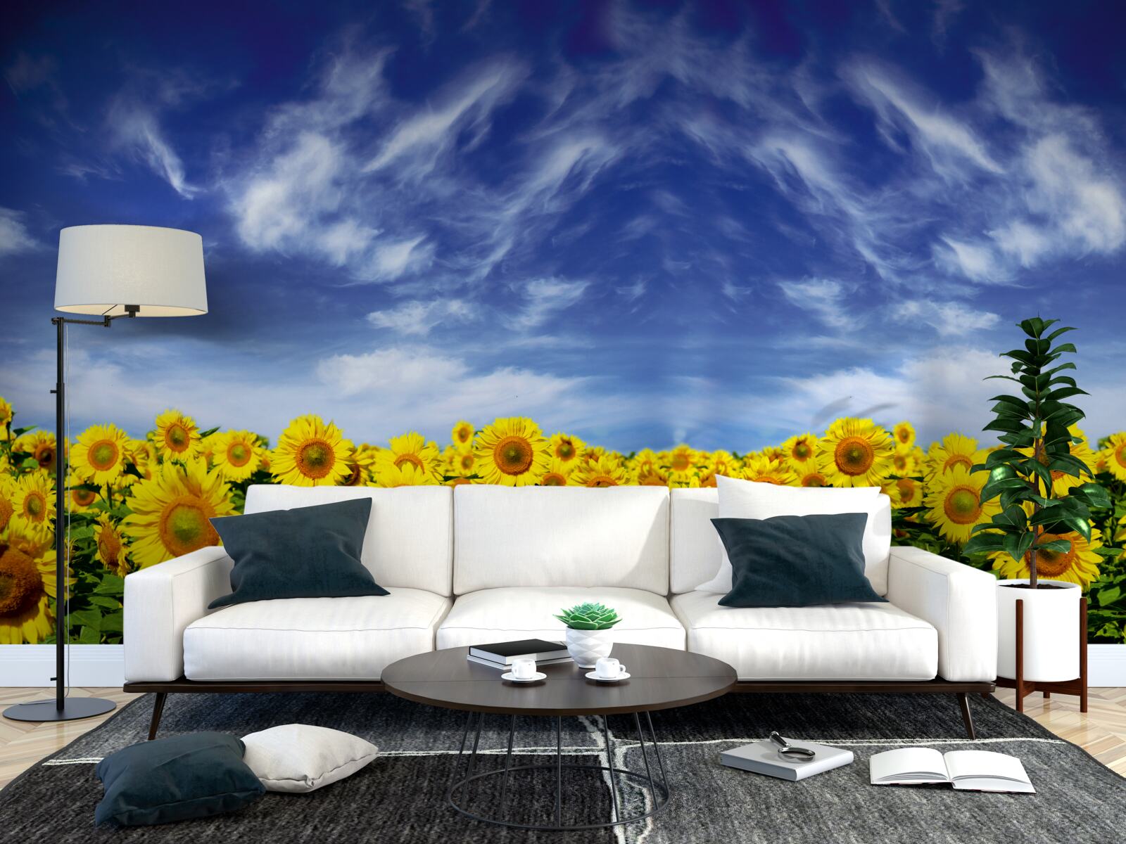 Fotobehang blauwe lucht boven een veld zonnebloemen