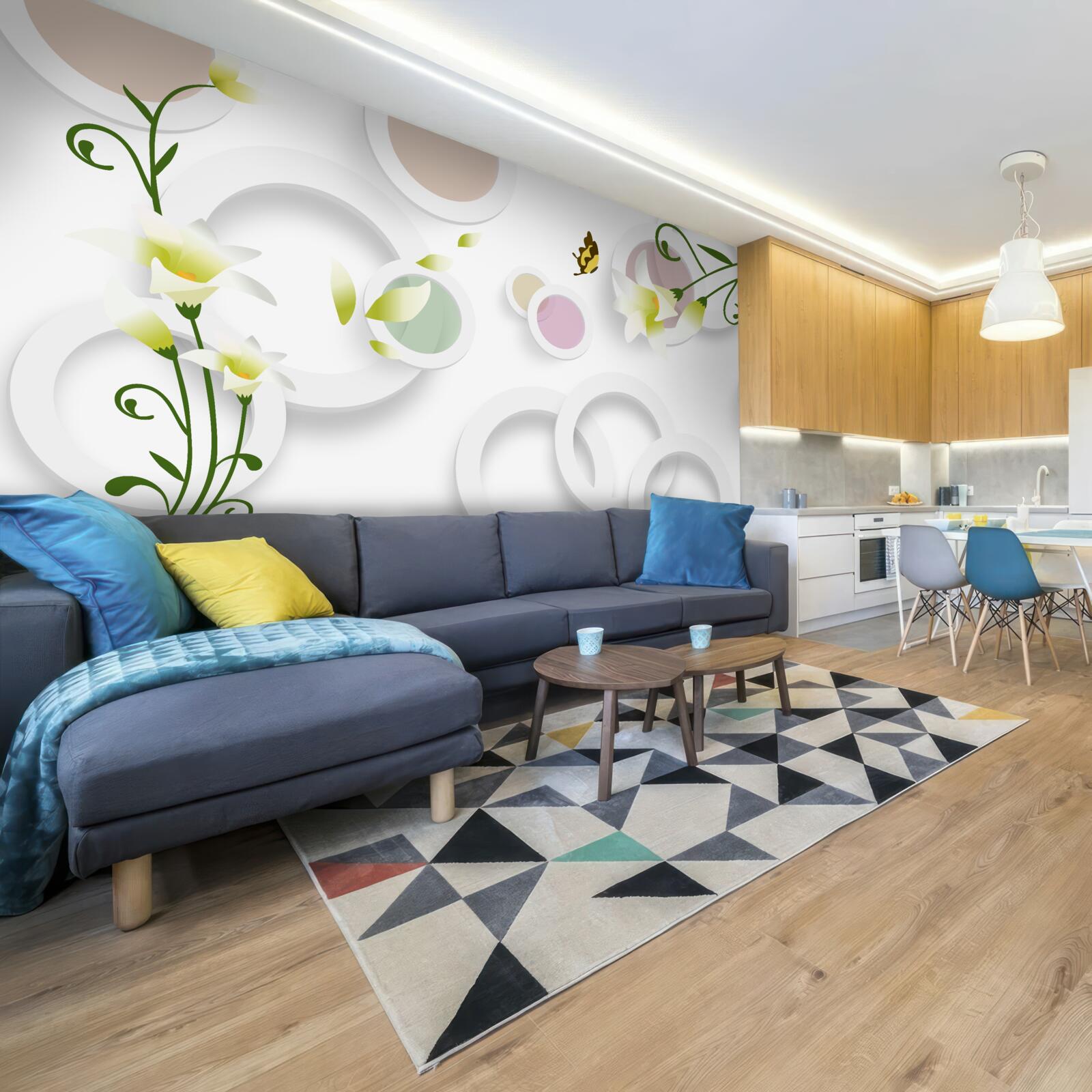 Fotobehang de takken zijn groen met gele knoppen en afgeronde delen