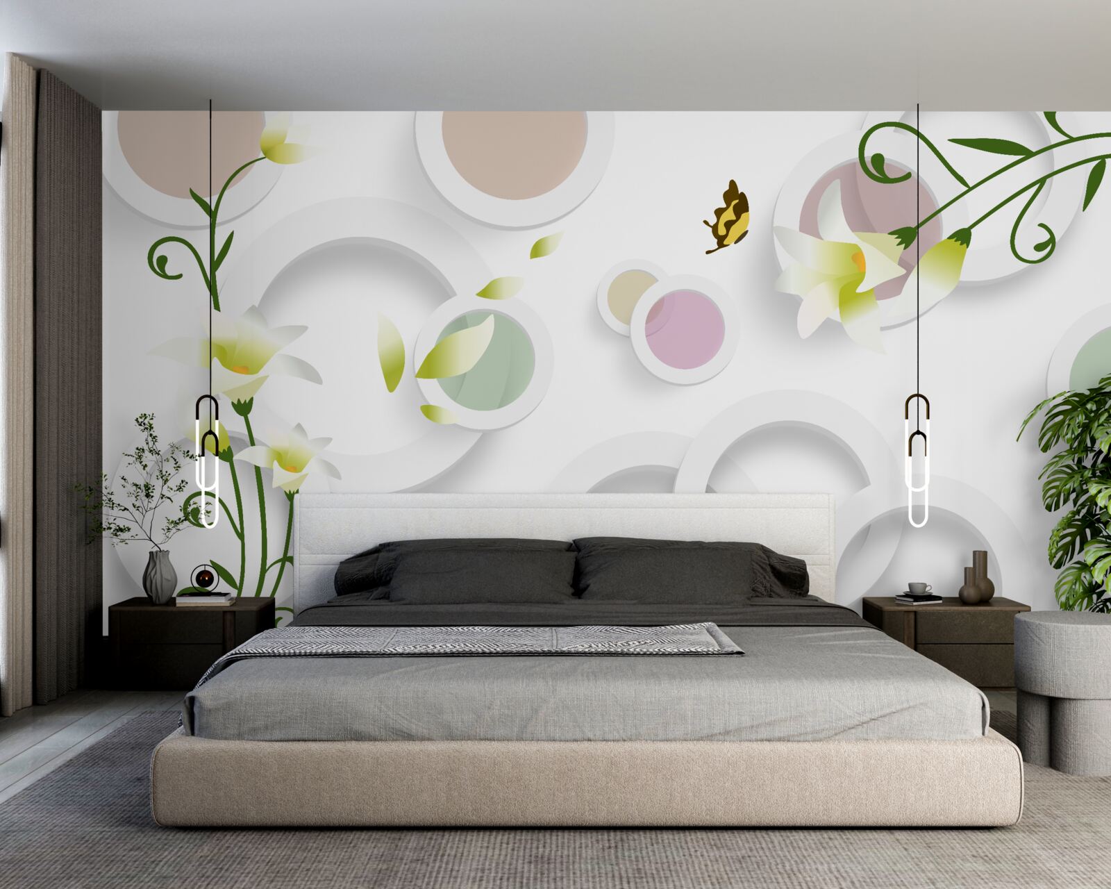 Fotobehang de takken zijn groen met gele knoppen en afgeronde delen