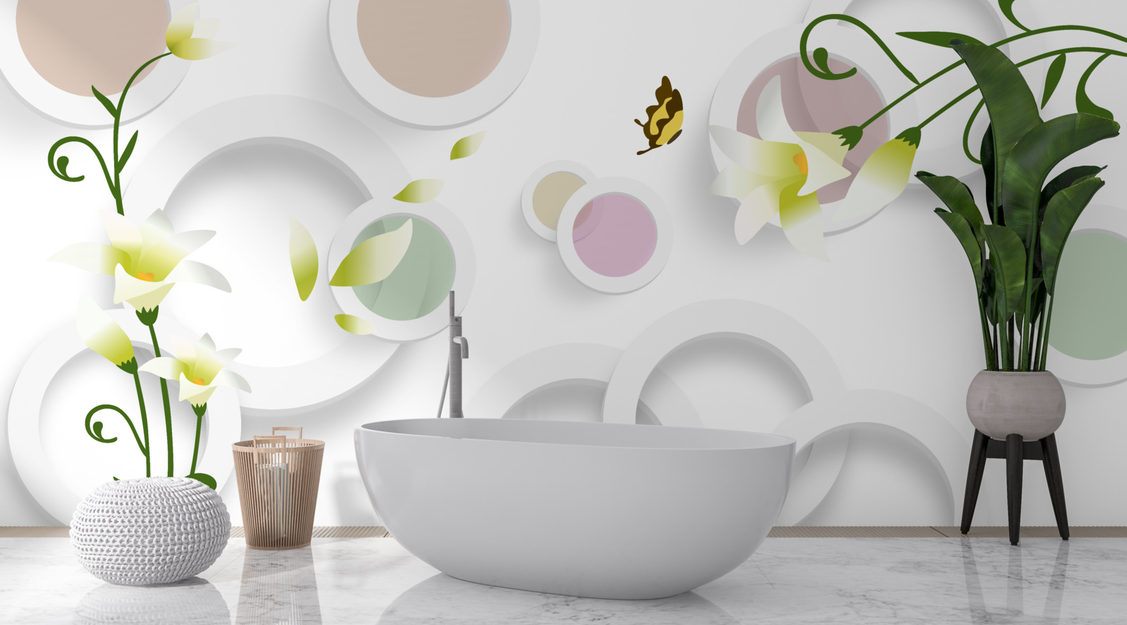 Fotobehang de takken zijn groen met gele knoppen en afgeronde delen