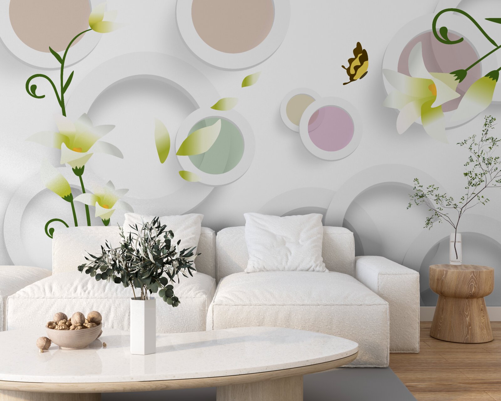 Fotobehang de takken zijn groen met gele knoppen en afgeronde delen