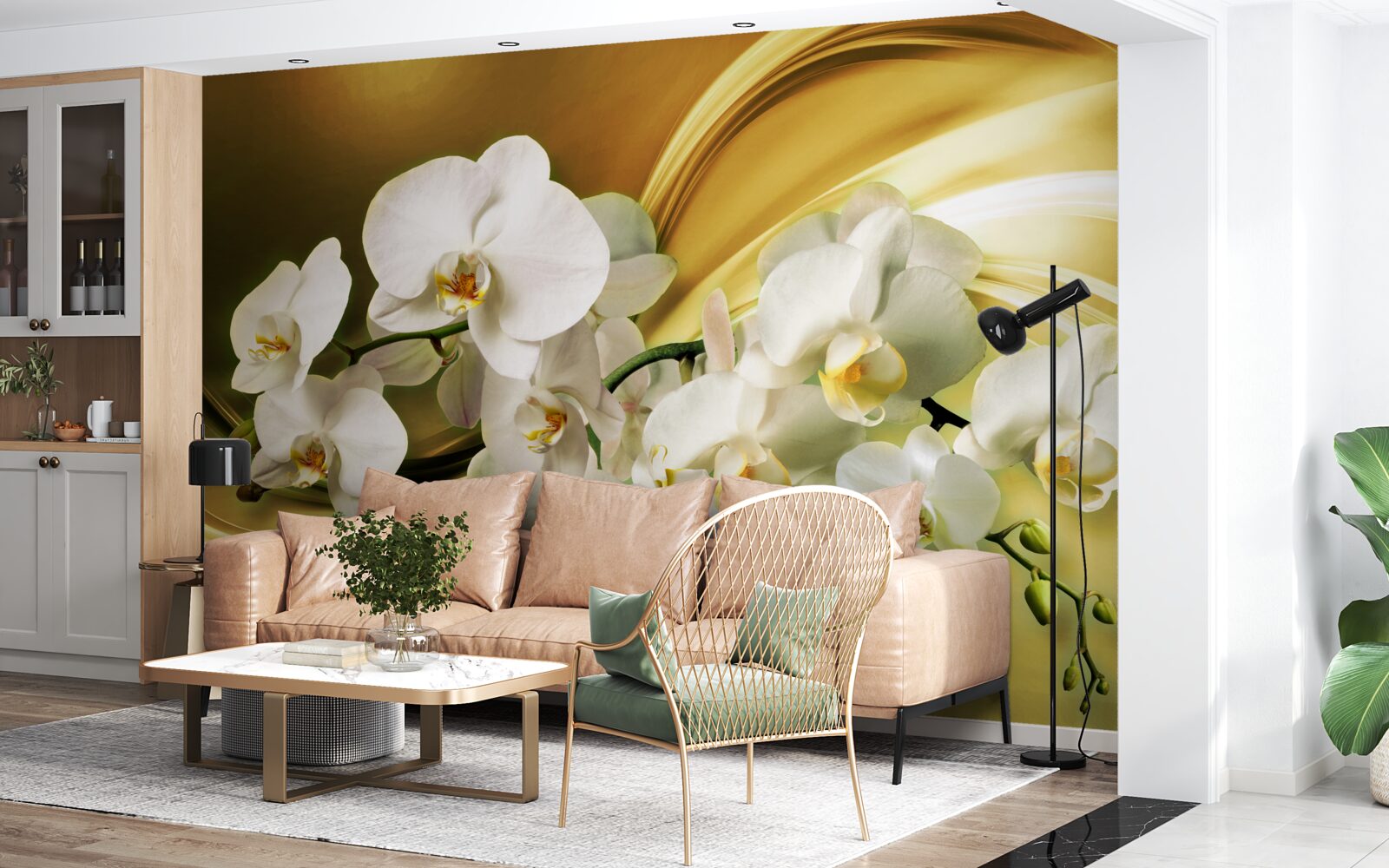 Fotobehang Sneeuwwitte orchideeën, luxueus open op bruine zijden stof