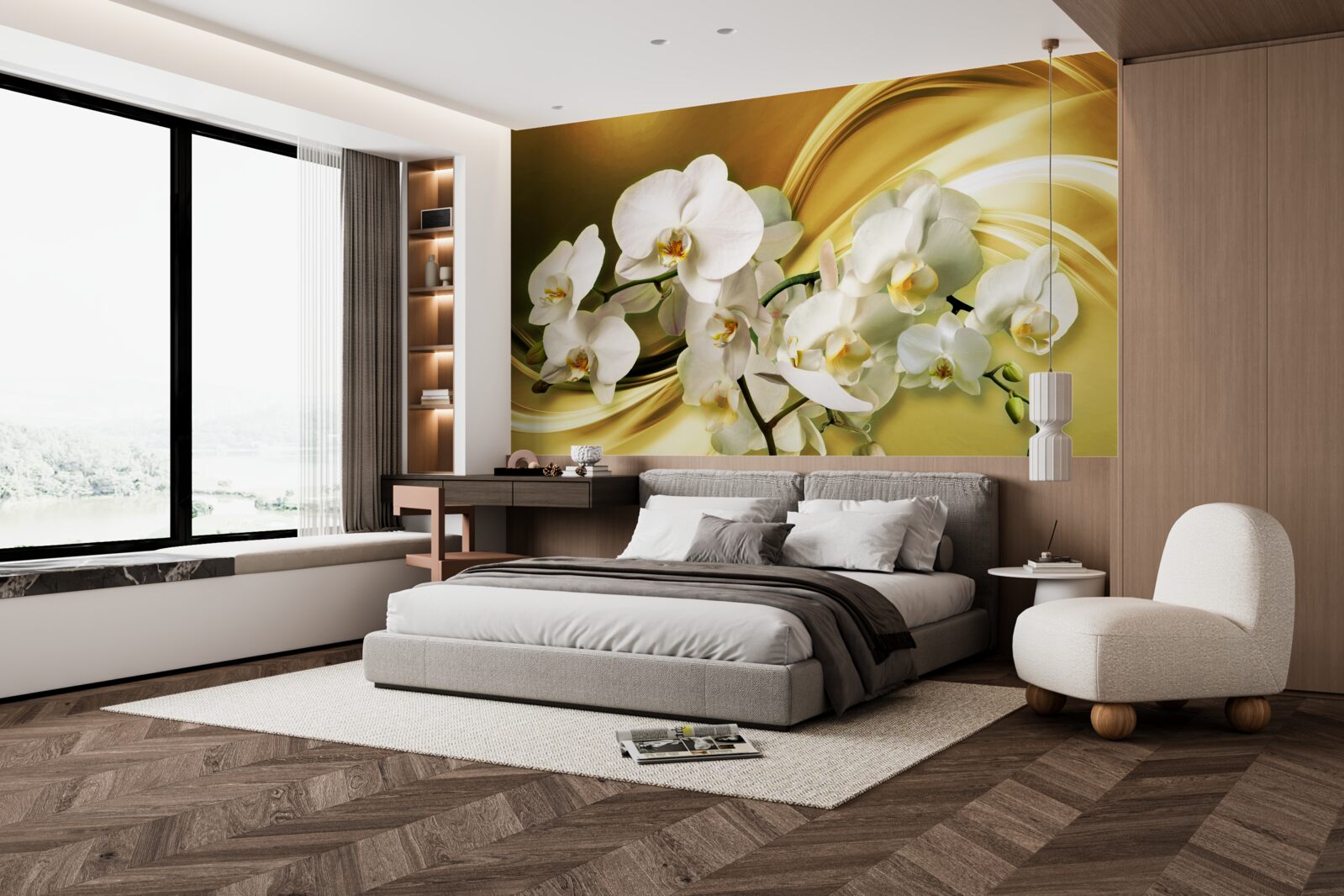 Fotobehang Sneeuwwitte orchideeën, luxueus open op bruine zijden stof