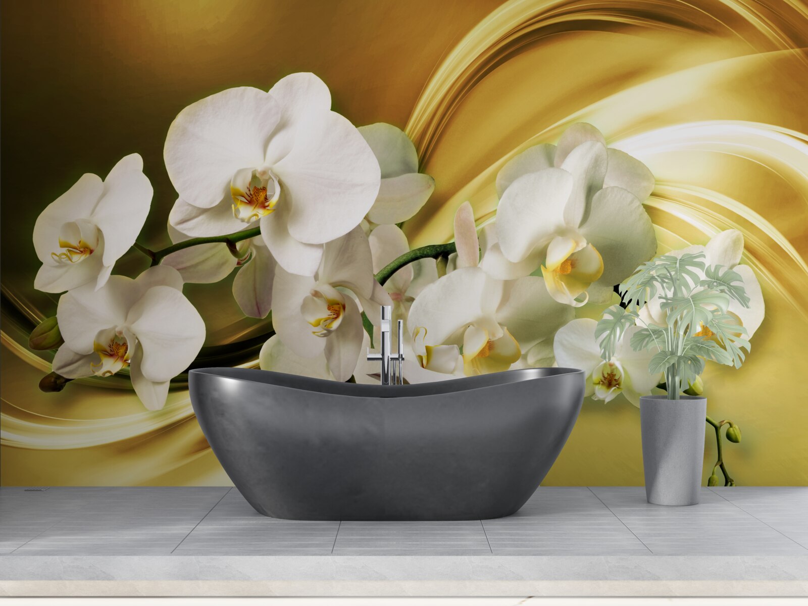 Fotobehang Sneeuwwitte orchideeën, luxueus open op bruine zijden stof