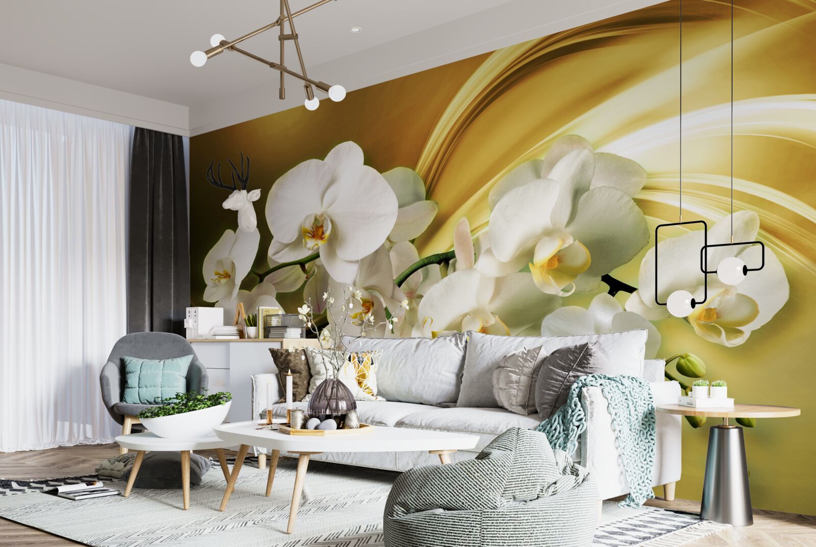 Fotobehang Sneeuwwitte orchideeën, luxueus open op bruine zijden stof