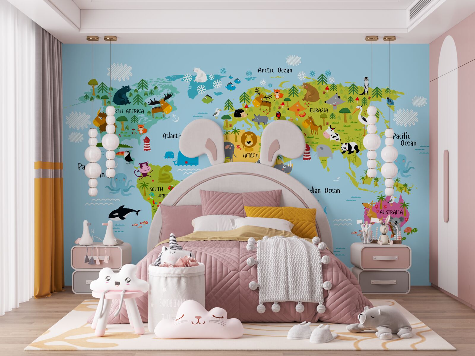 Fotobehang Wereldkaart voor kinderen met afbeeldingen van dieren