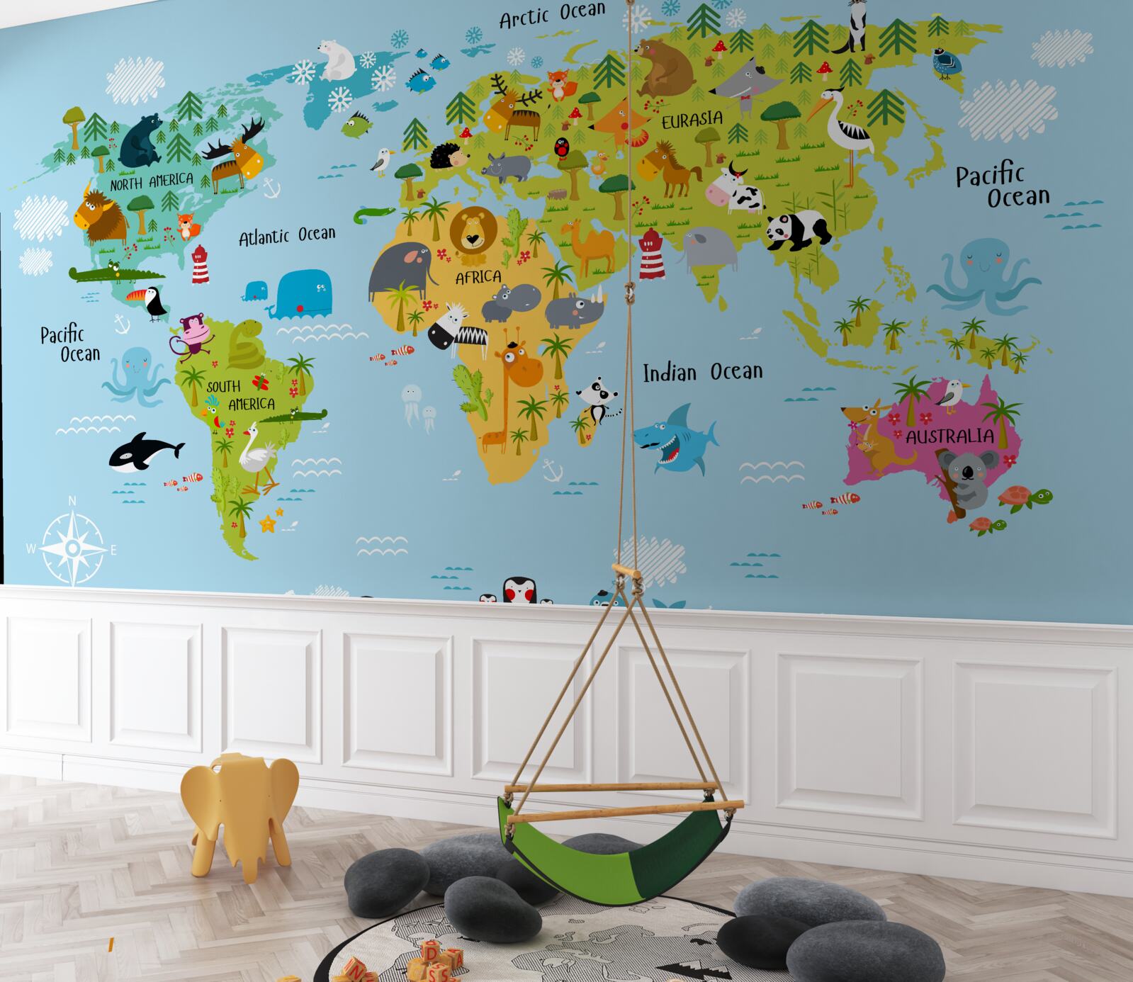 Fotobehang Wereldkaart voor kinderen met afbeeldingen van dieren