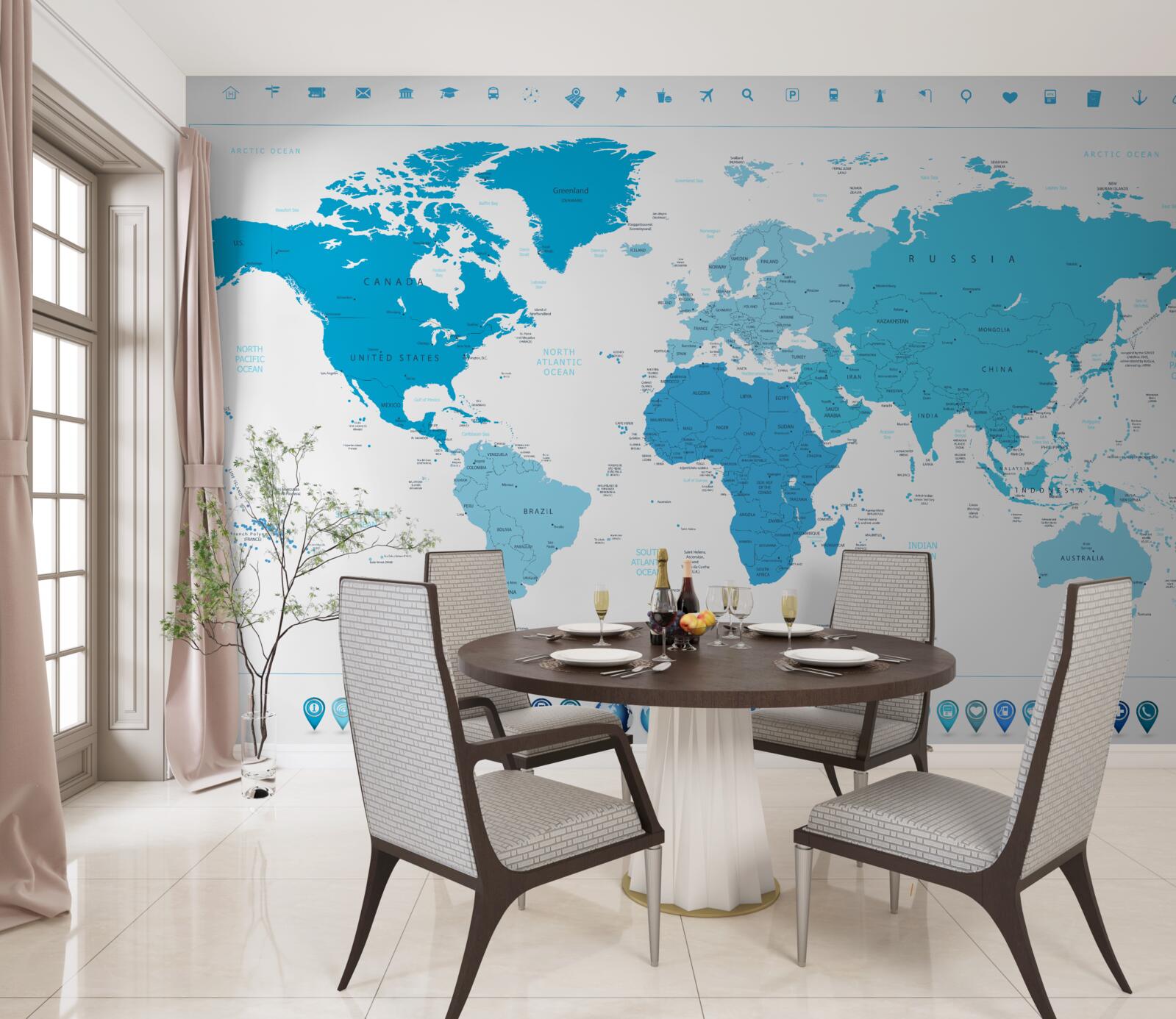 Fotobehang blauwe schaduw op de wereldkaart