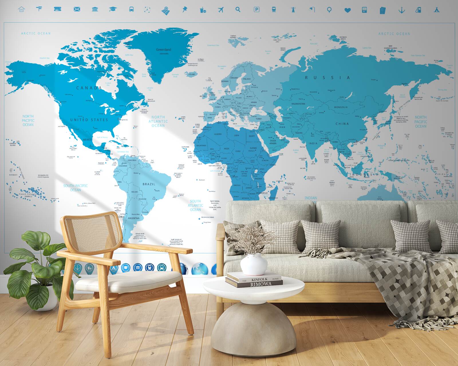 Fotobehang blauwe schaduw op de wereldkaart