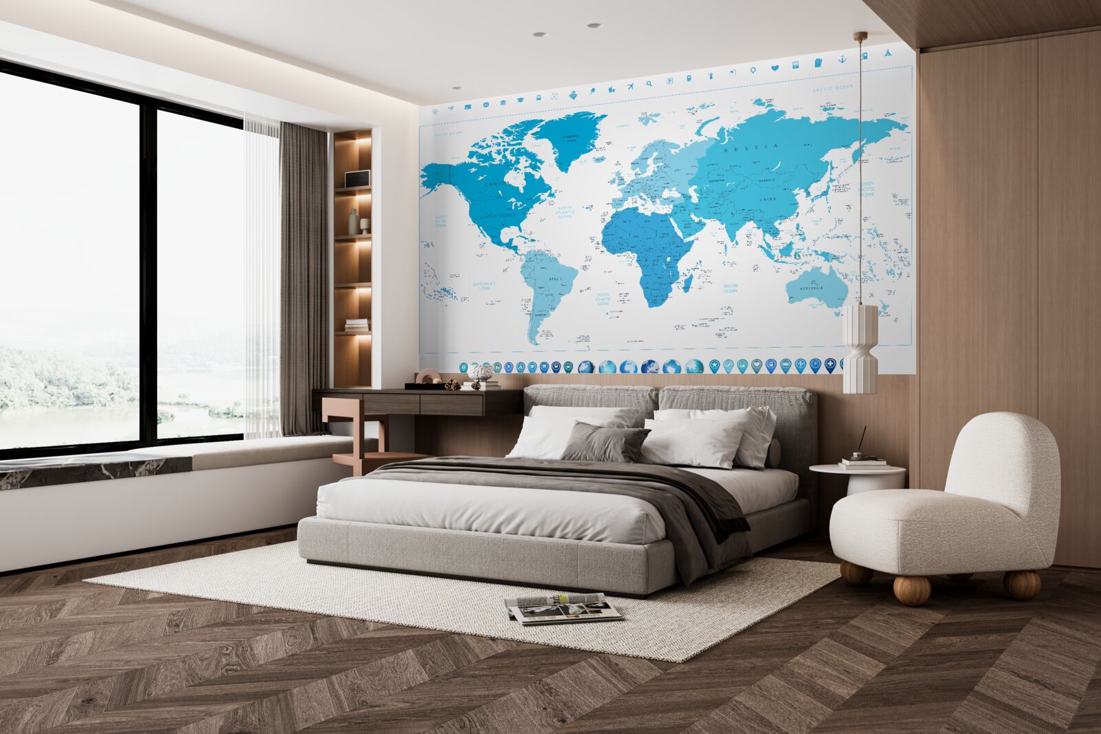 Fotobehang blauwe schaduw op de wereldkaart