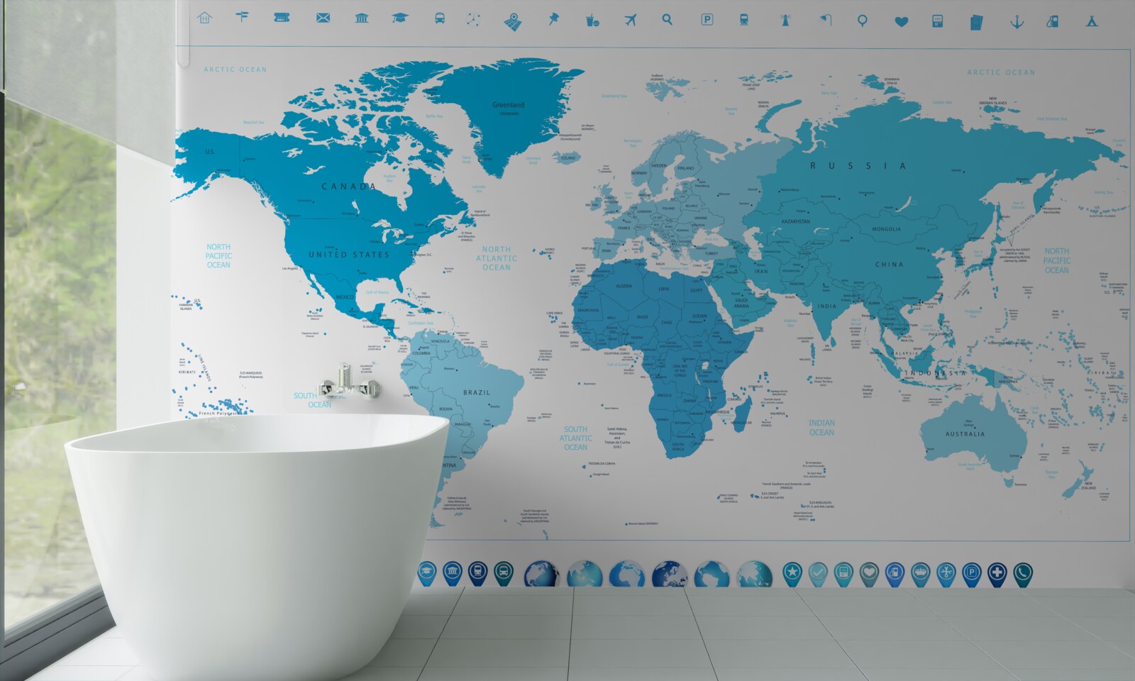 Fotobehang blauwe schaduw op de wereldkaart