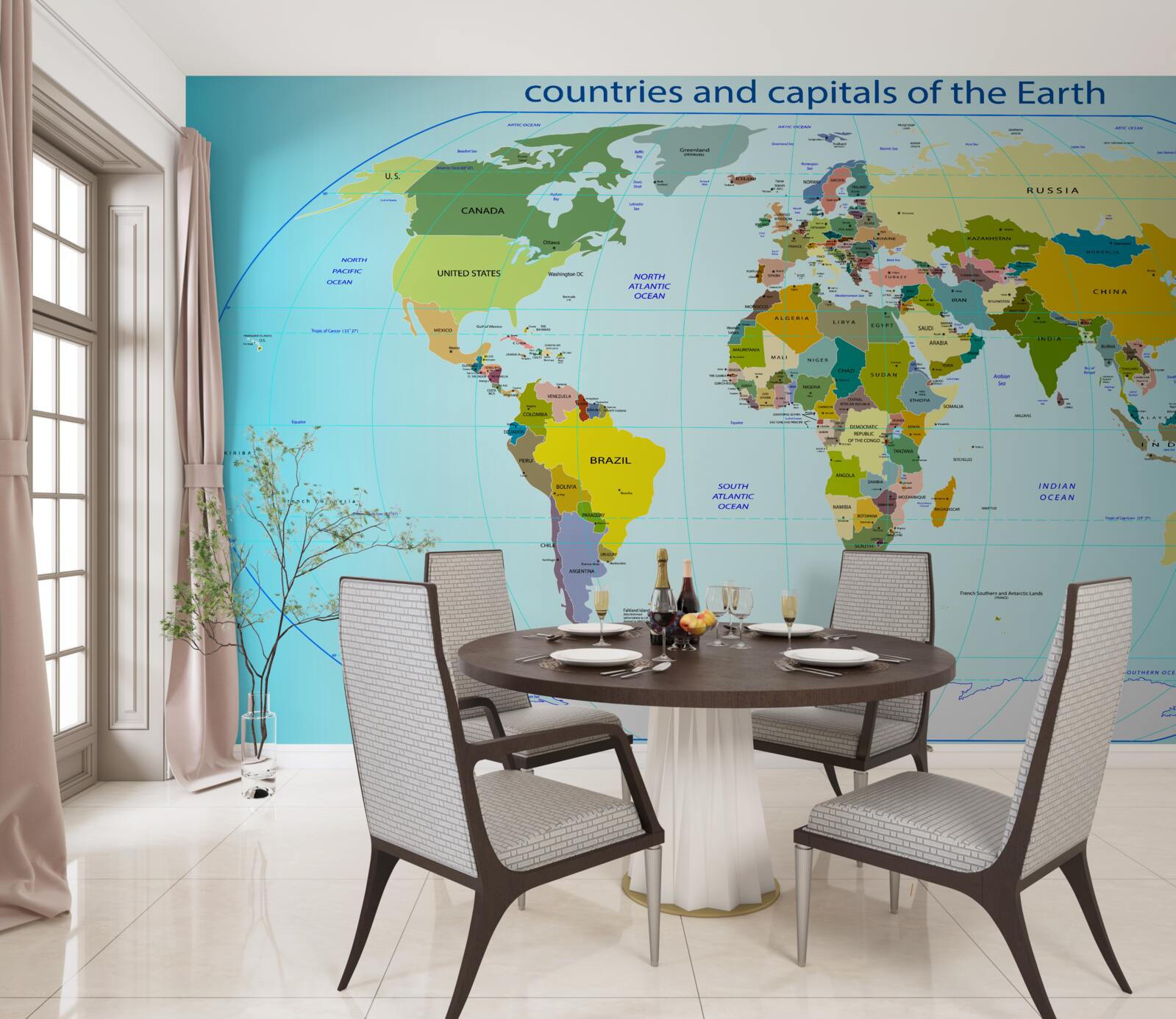 Fotobehang wereldkaart met landen en hun hoofdsteden