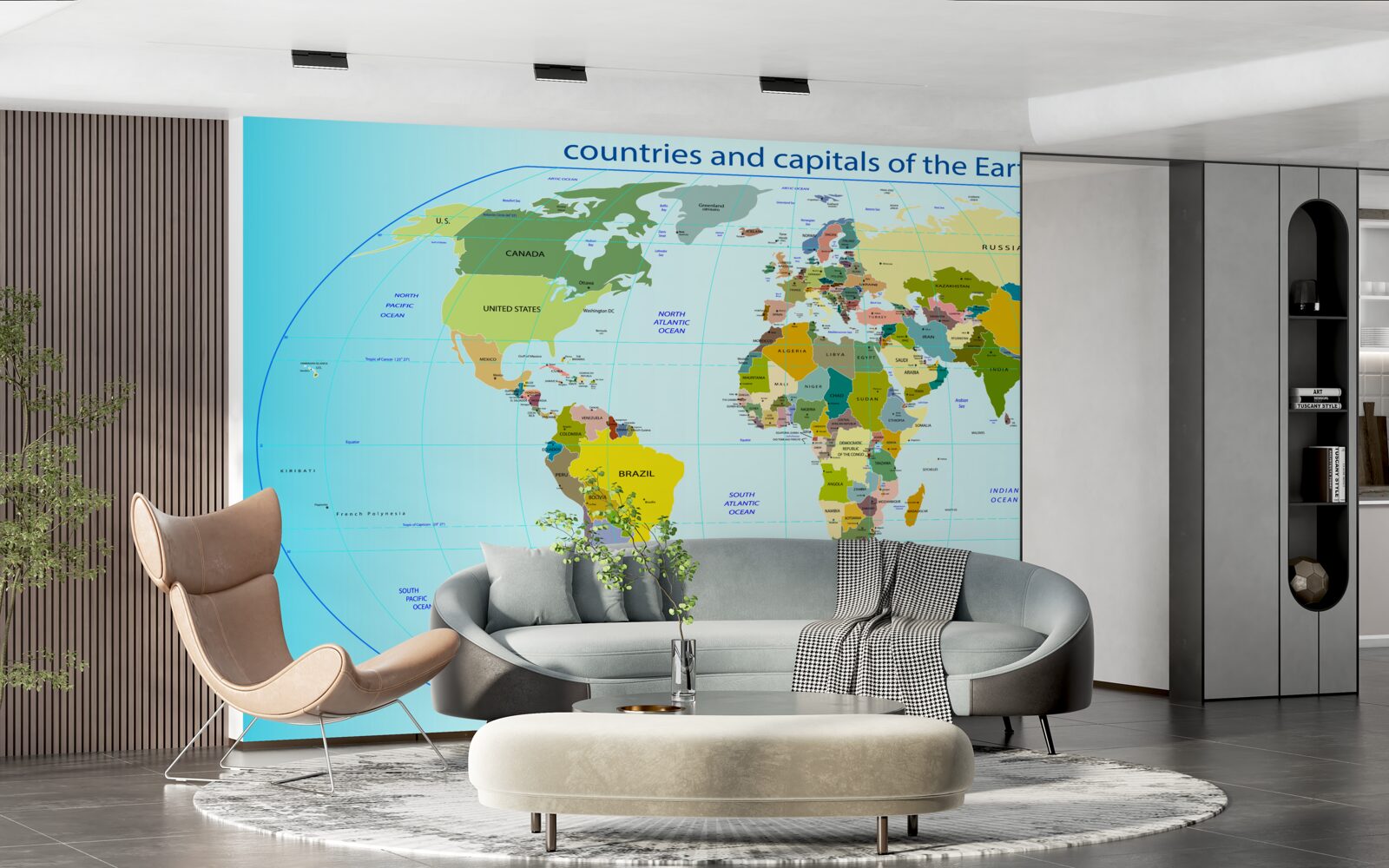 Fotobehang wereldkaart met landen en hun hoofdsteden